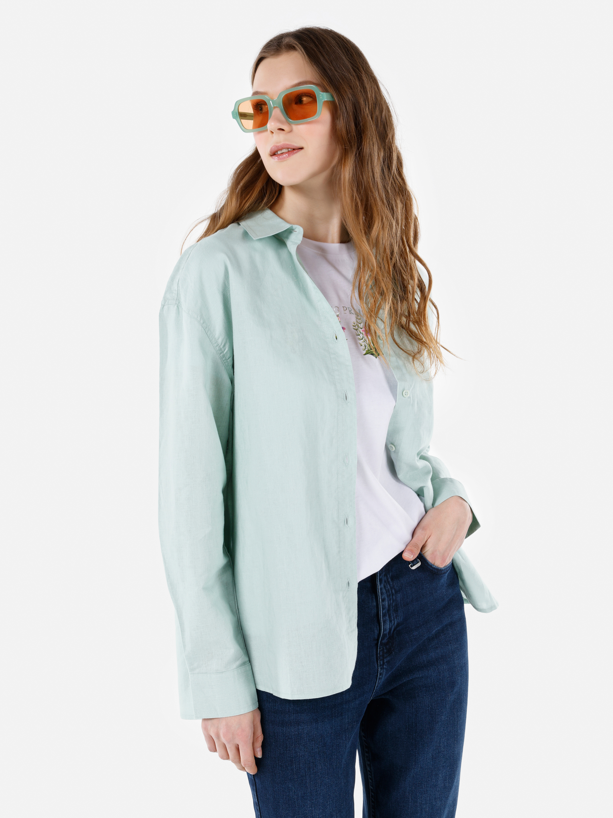 Relaxed Fit Shirt Neck Düz Kadın Yeşil Uzun Kol Gömlek