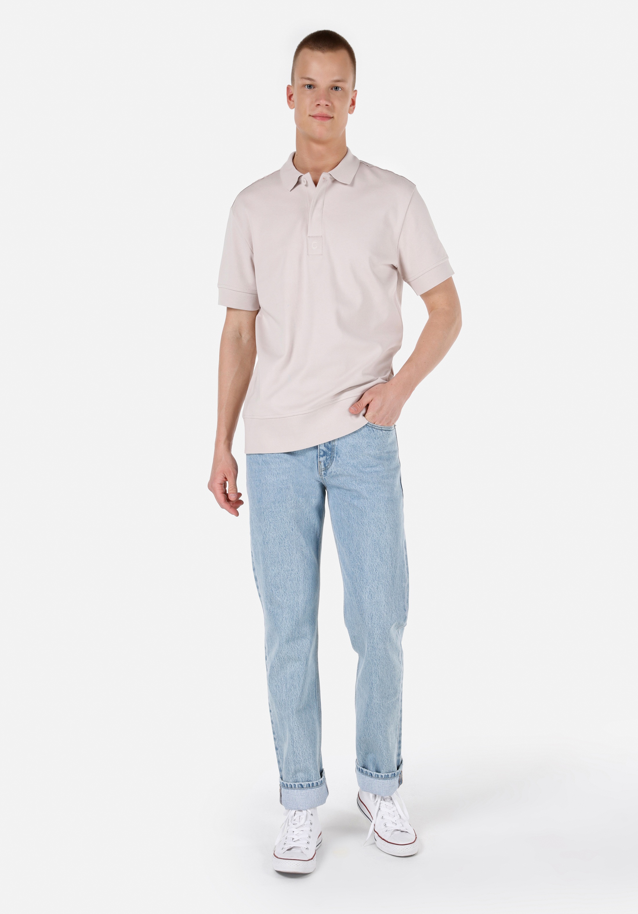Comfort Fit Polo Yaka Düz Erkek Bej Kısa Kol Tişört