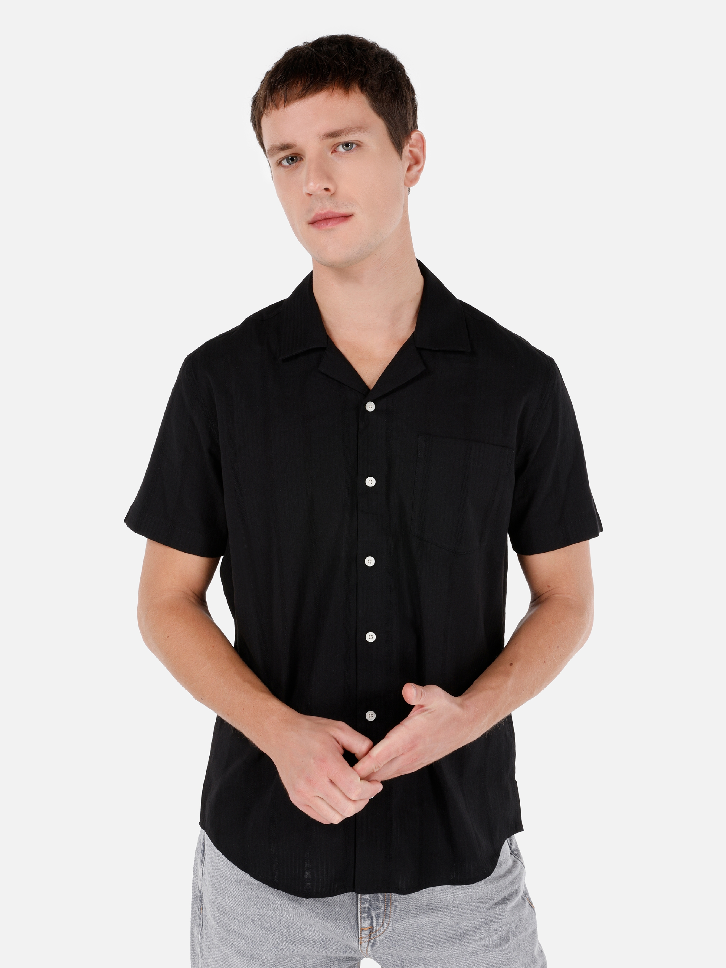 Regular Fit Shirt Neck Düz Erkek Siyah Kısa Kol Gömlek