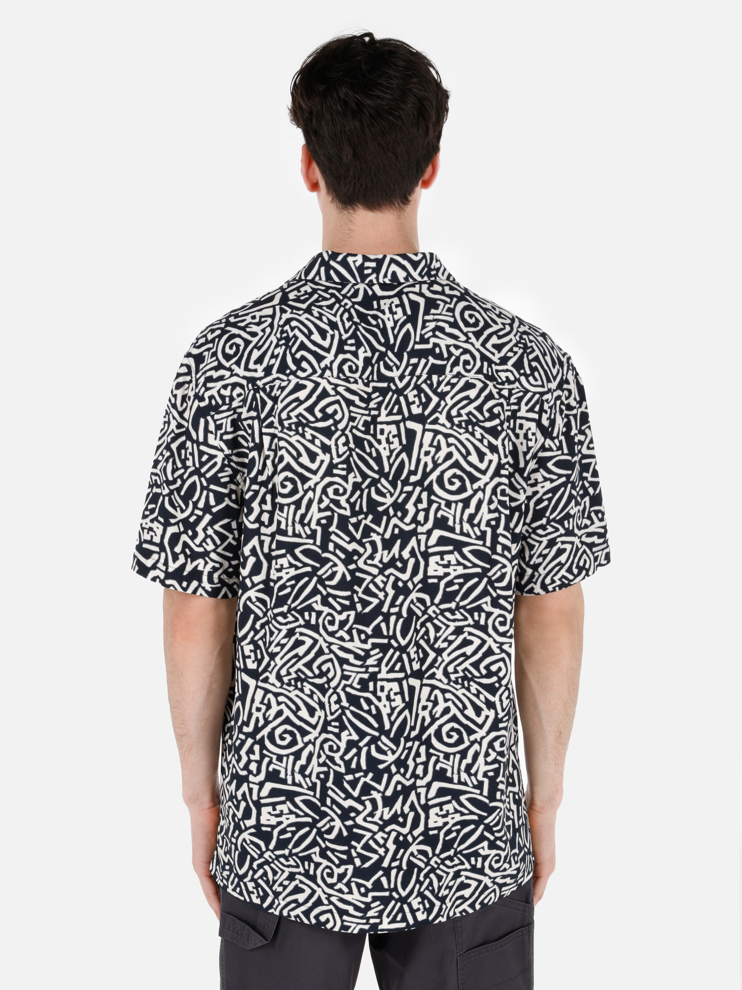 Regular Fit Shirt Neck Baskılı Erkek Lacivert Kısa Kol Gömlek