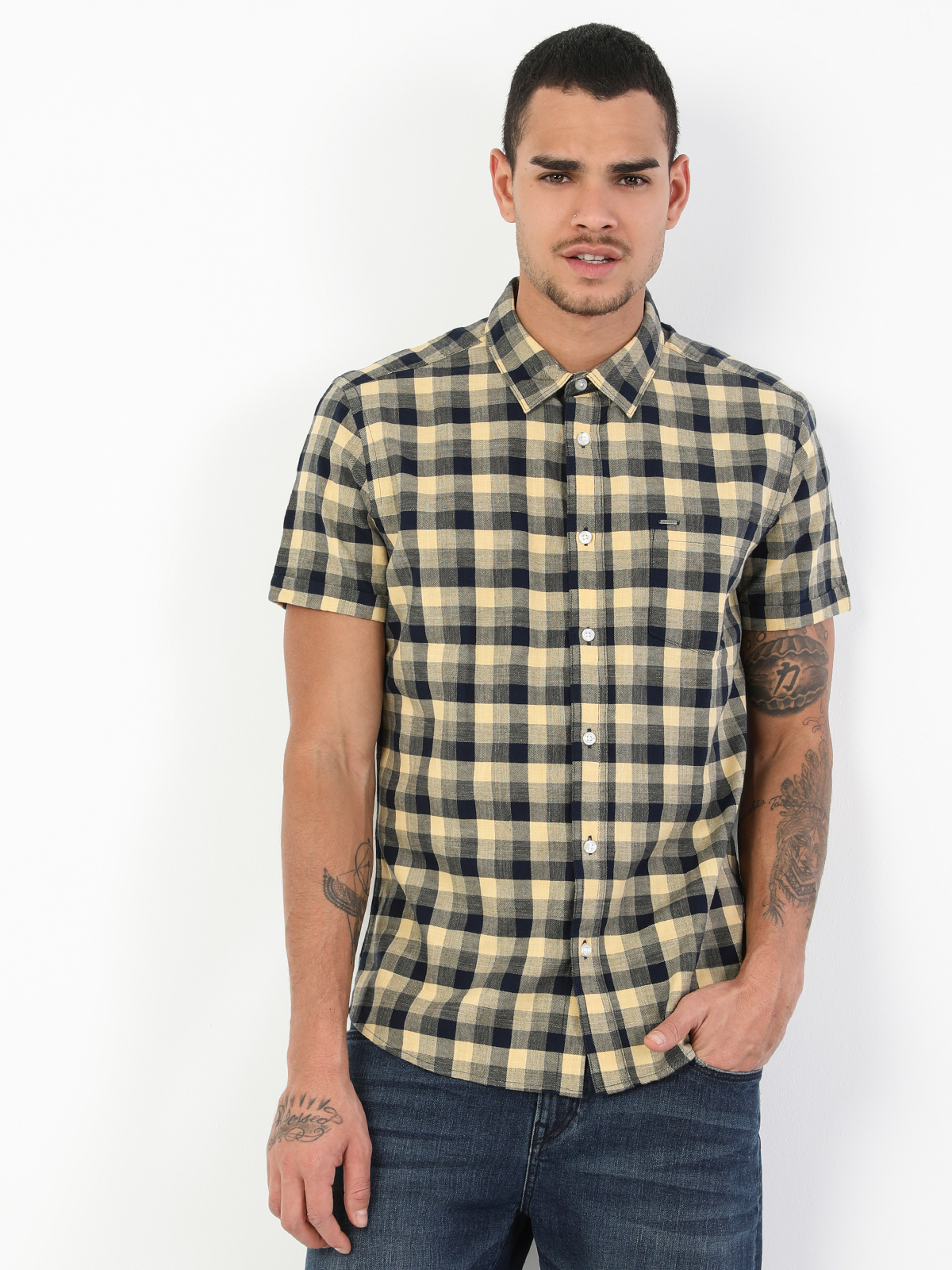 Slim Fit Shirt Neck Erkek Sarı Kısa Kol Gömlek