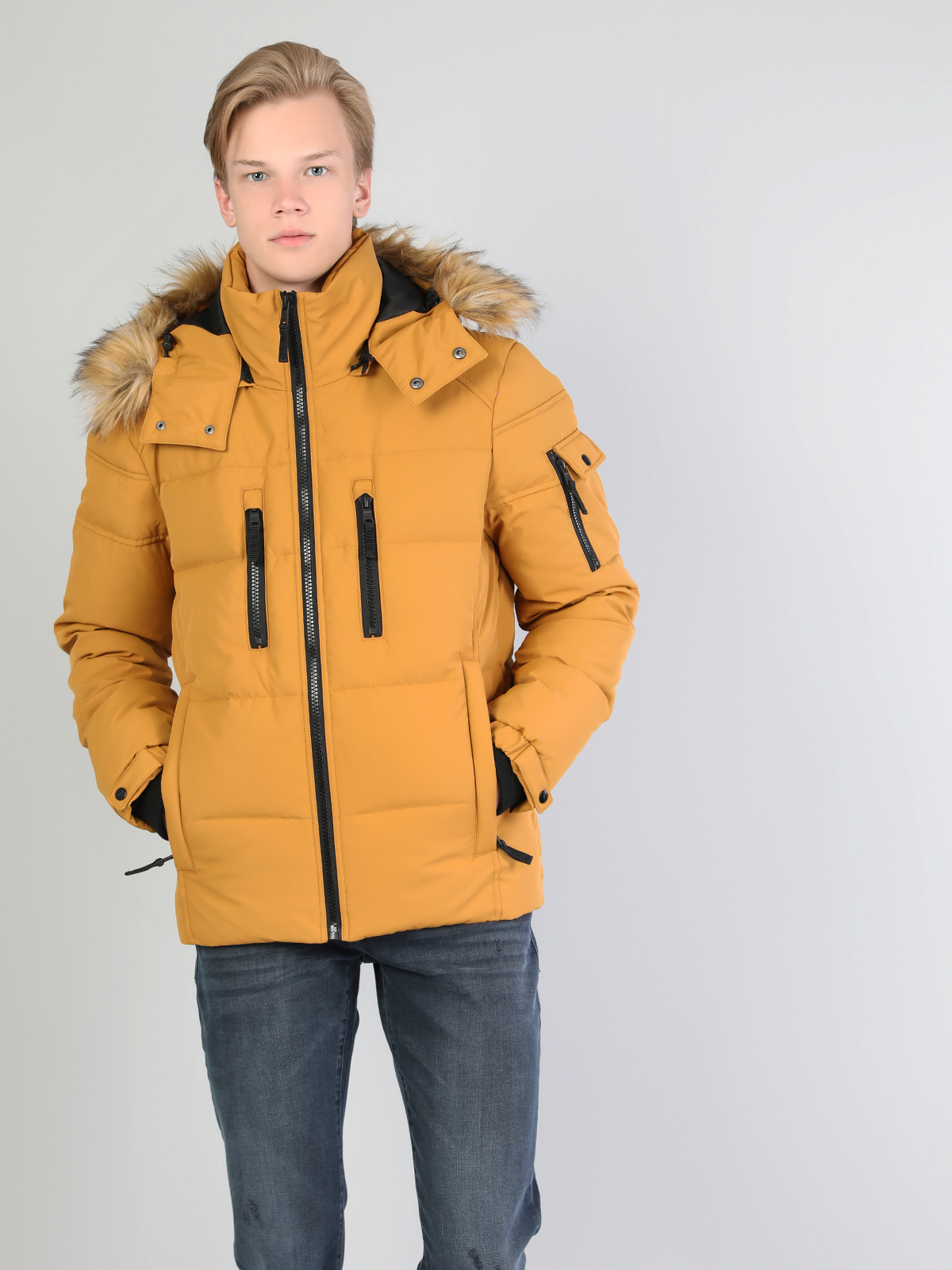  Regular Fit Kapüşonlu Erkek Sarı Mont