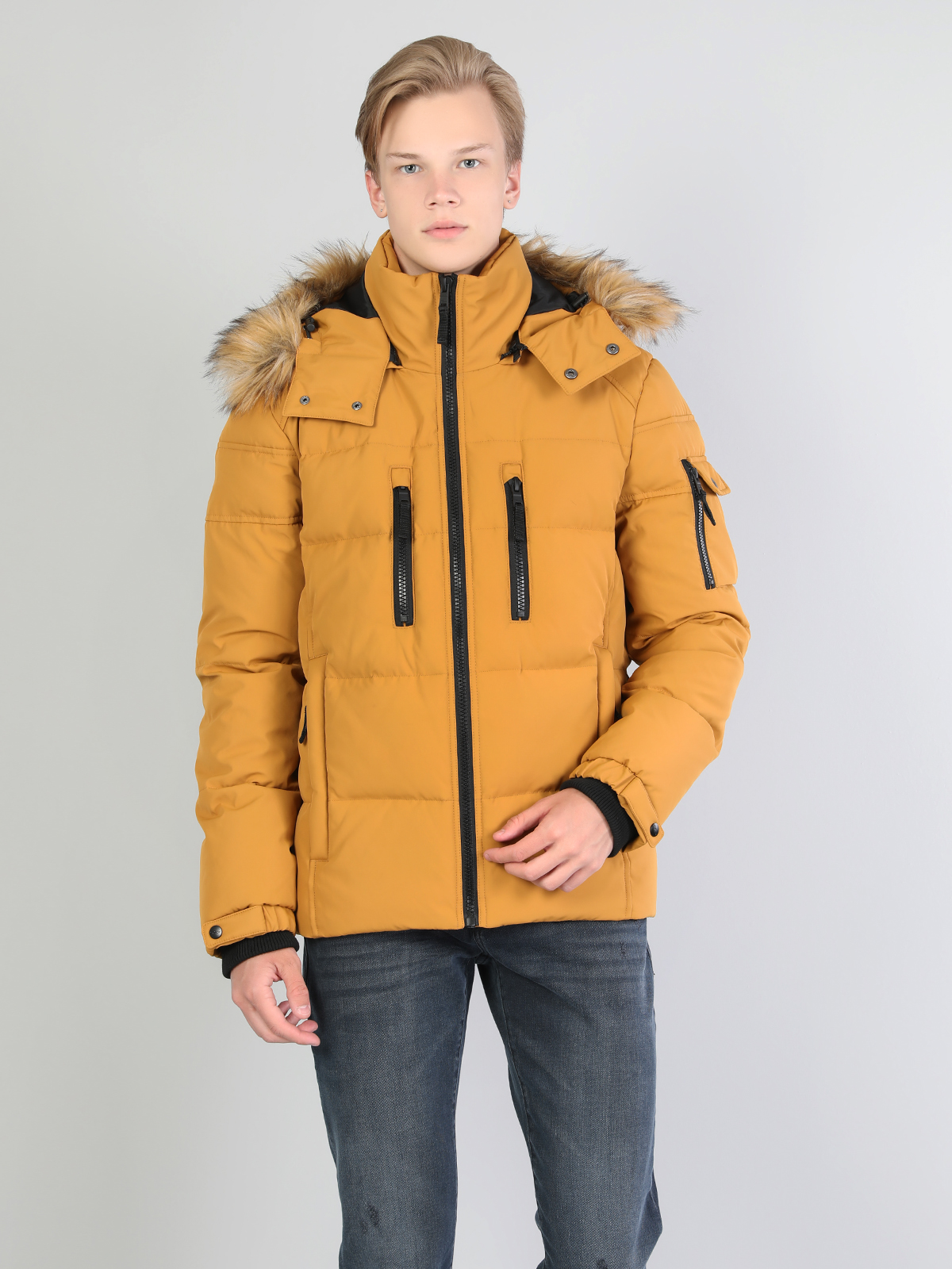  Regular Fit Kapüşonlu Erkek Sarı Mont