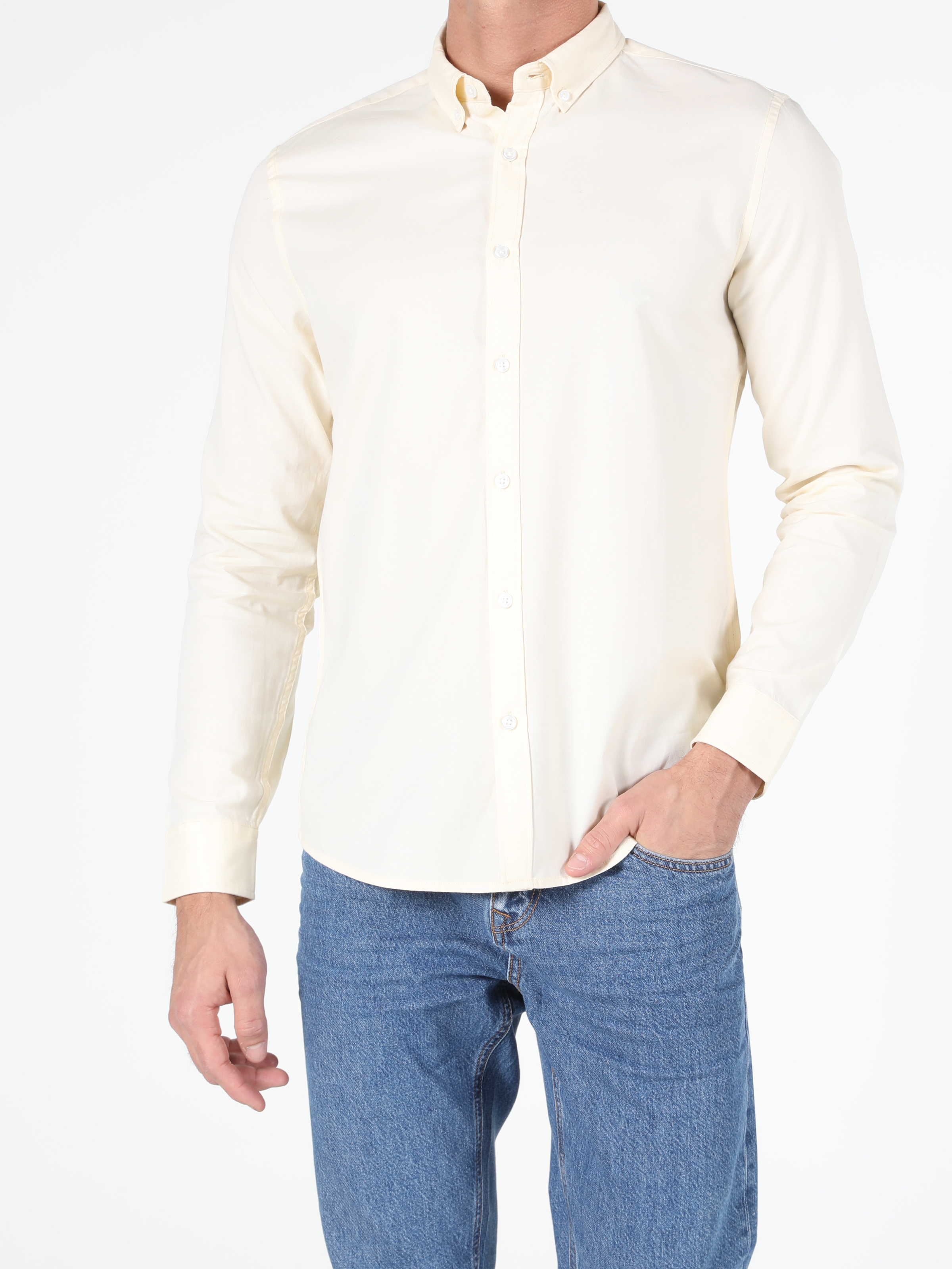 Slim Fit Shirt Neck Düz Erkek Sari Uzun Kol Gömlek