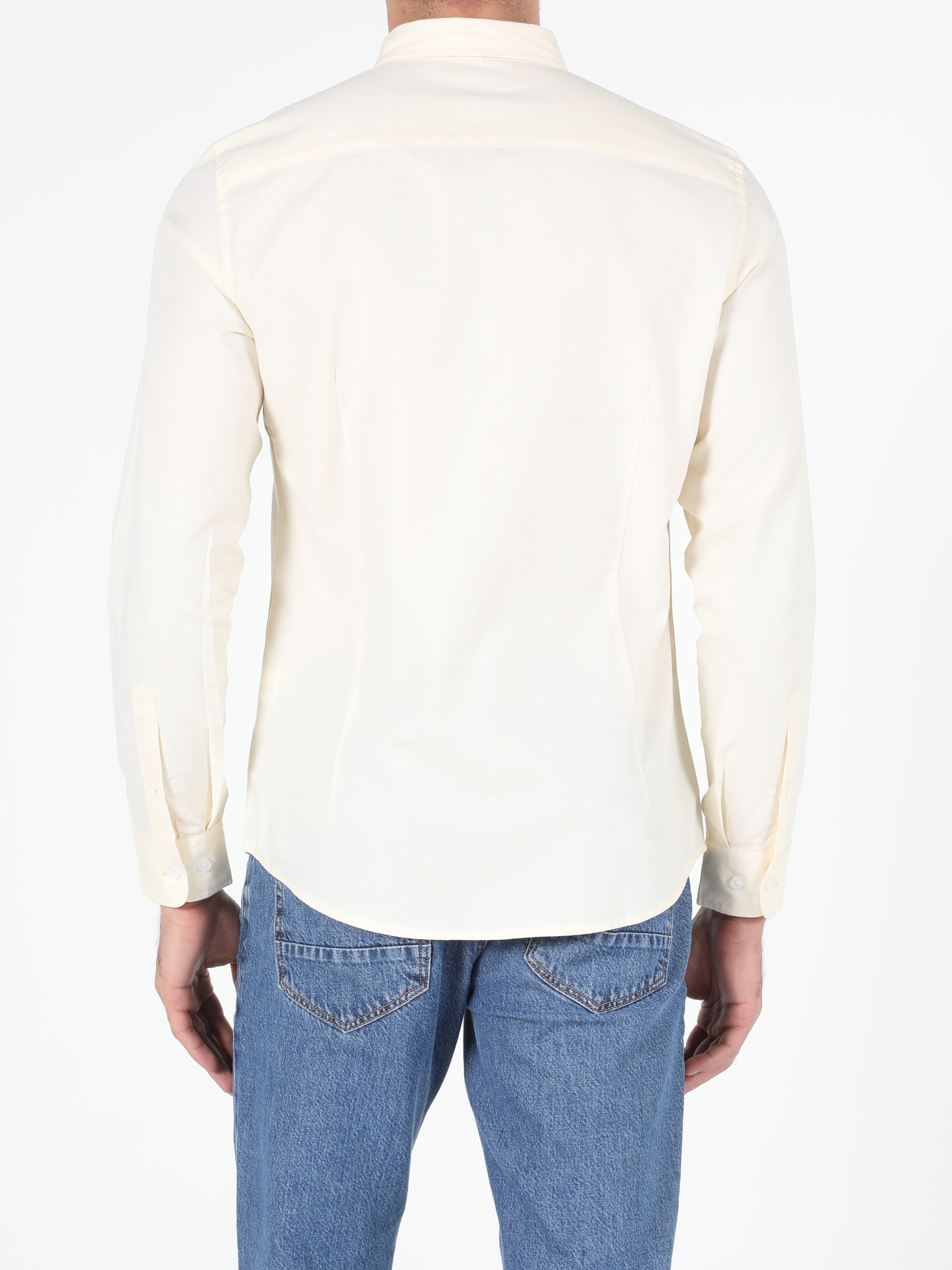 Slim Fit Shirt Neck Düz Erkek Sari Uzun Kol Gömlek