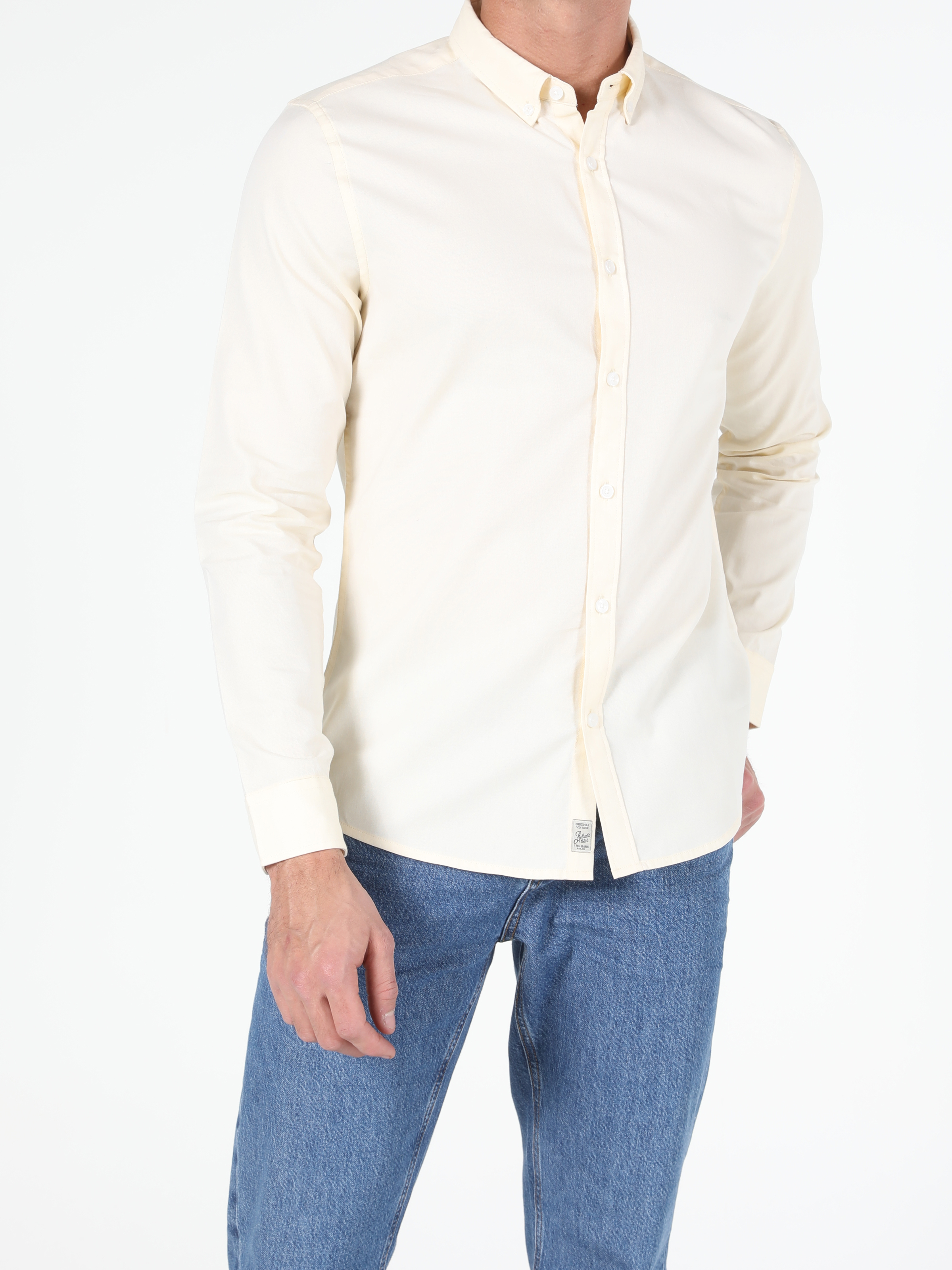 Slim Fit Shirt Neck Düz Erkek Sari Uzun Kol Gömlek