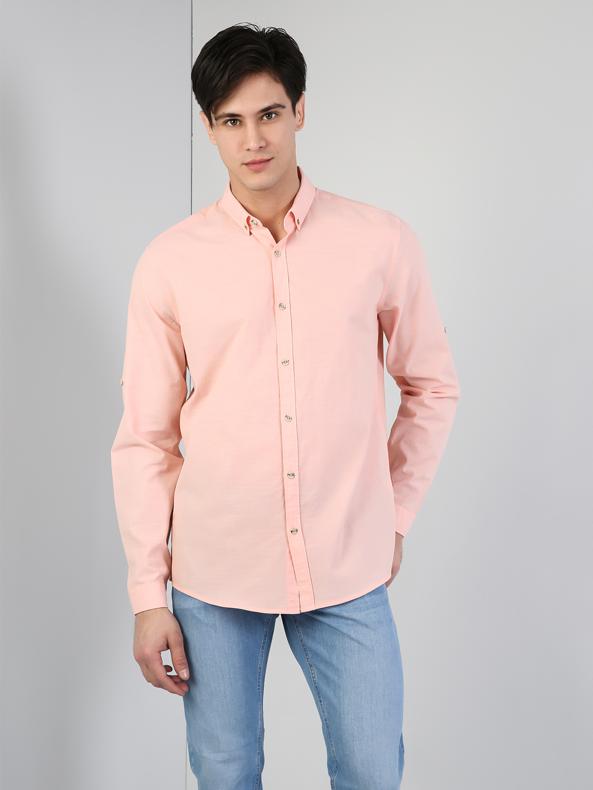  Regular Fit Shirt Neck Erkek Somon Uzun Kol Gömlek