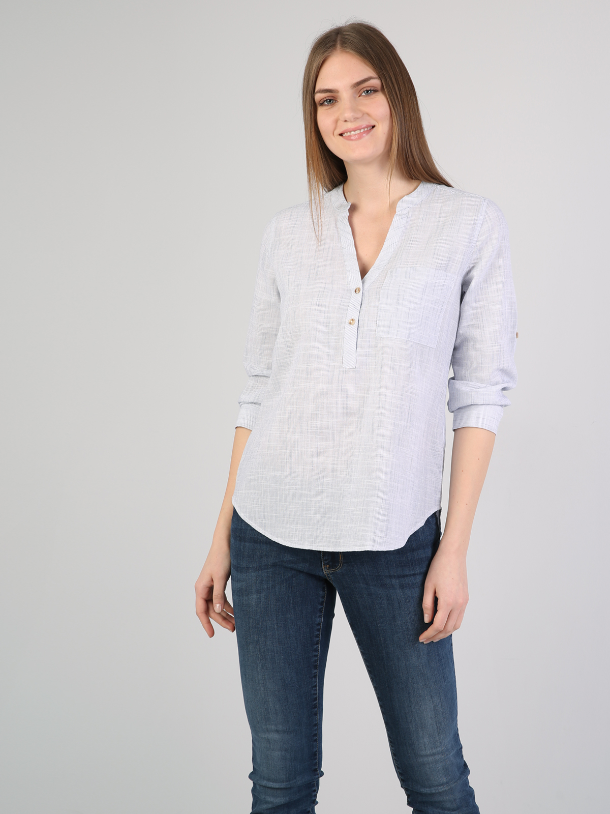 Regular Fit Hakim Yaka  Kadın Mavi Uzun Kol Gömlek Cl1042851