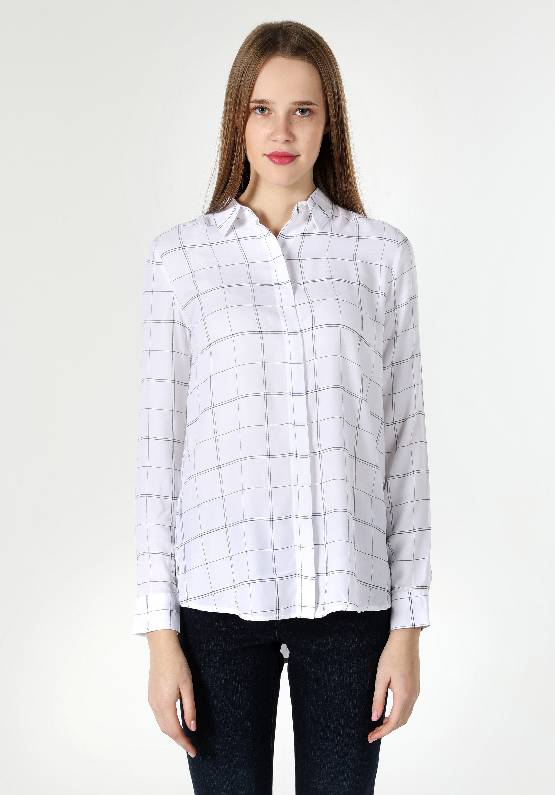 Regular Fit Shirt Neck  Kadın Beyaz Uzun Kol Gömlek Cl1061548