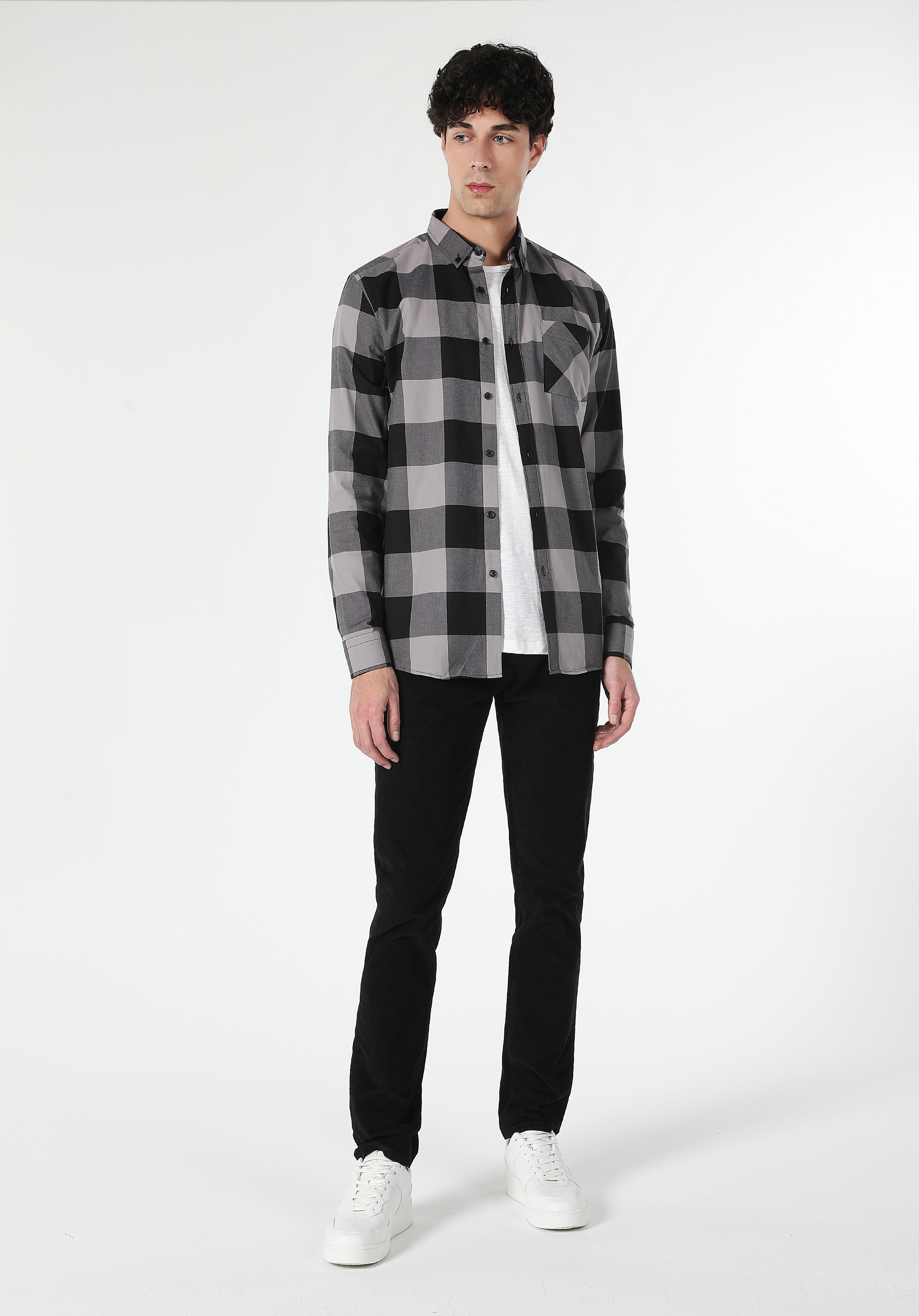 Regular Fit Shirt Neck Kareli Erkek Gri Uzun Kol Gömlek
