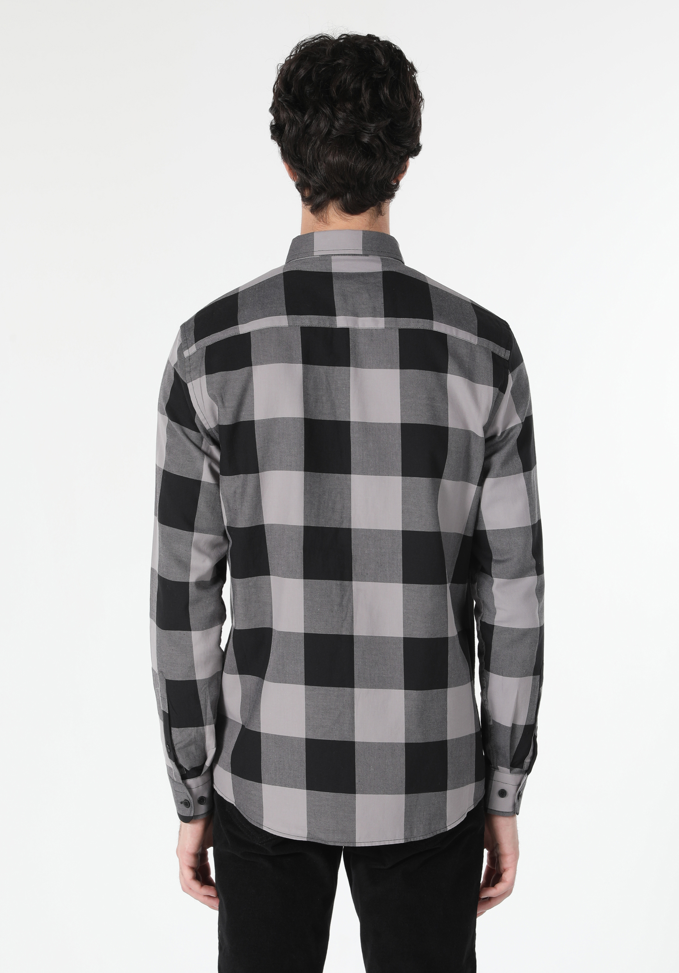 Regular Fit Shirt Neck Kareli Erkek Gri Uzun Kol Gömlek