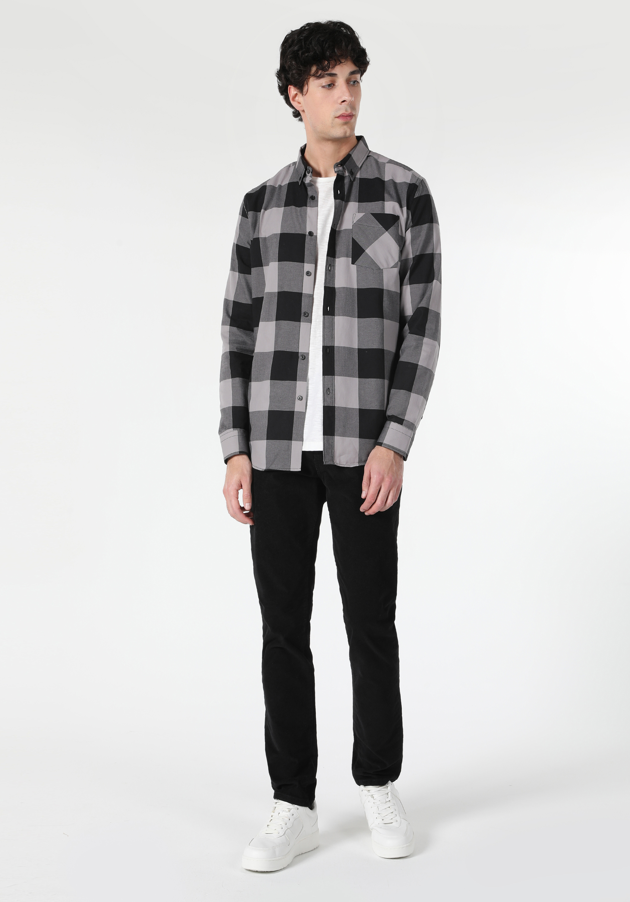 Regular Fit Shirt Neck Kareli Erkek Gri Uzun Kol Gömlek