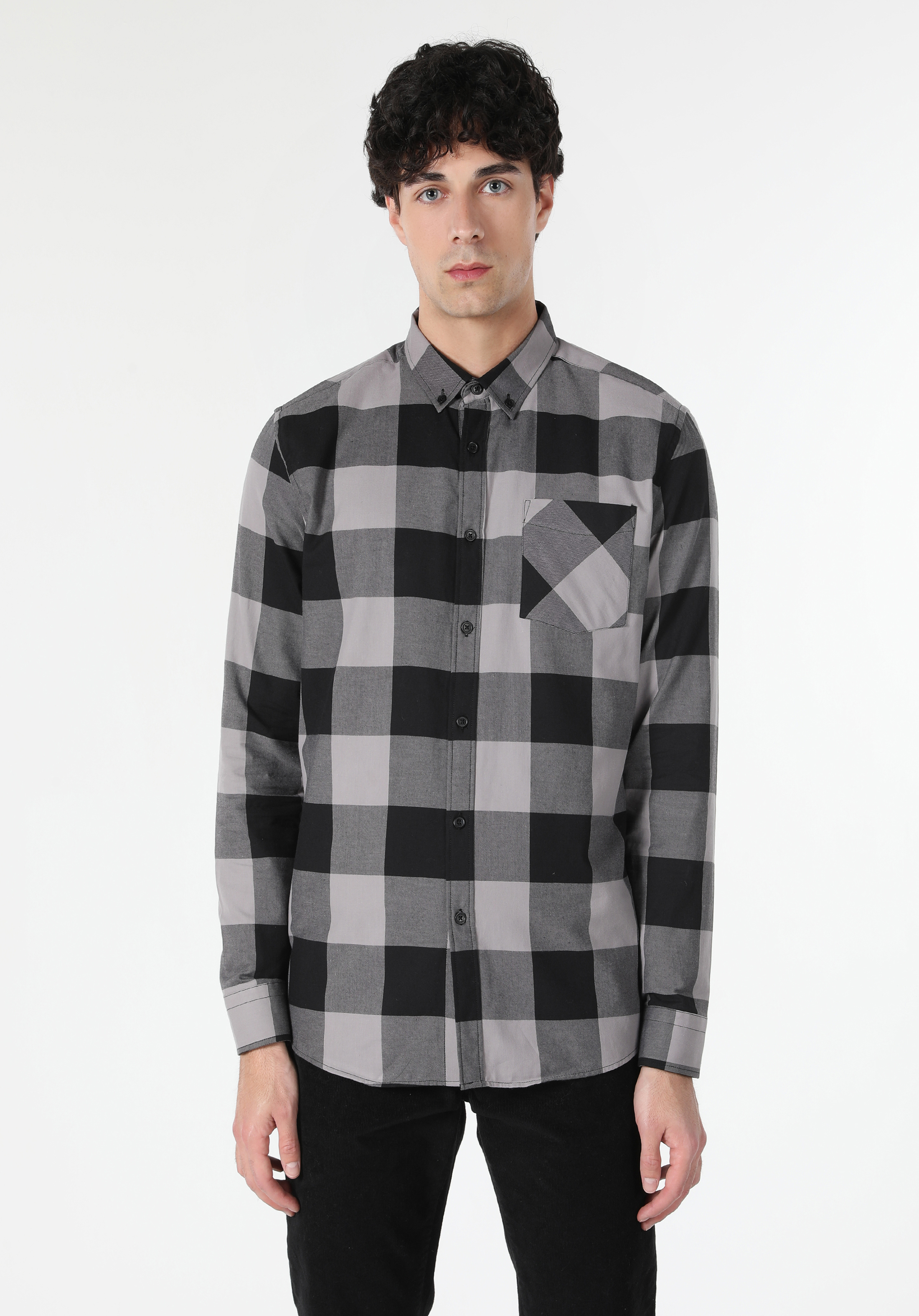 Regular Fit Shirt Neck Kareli Erkek Gri Uzun Kol Gömlek