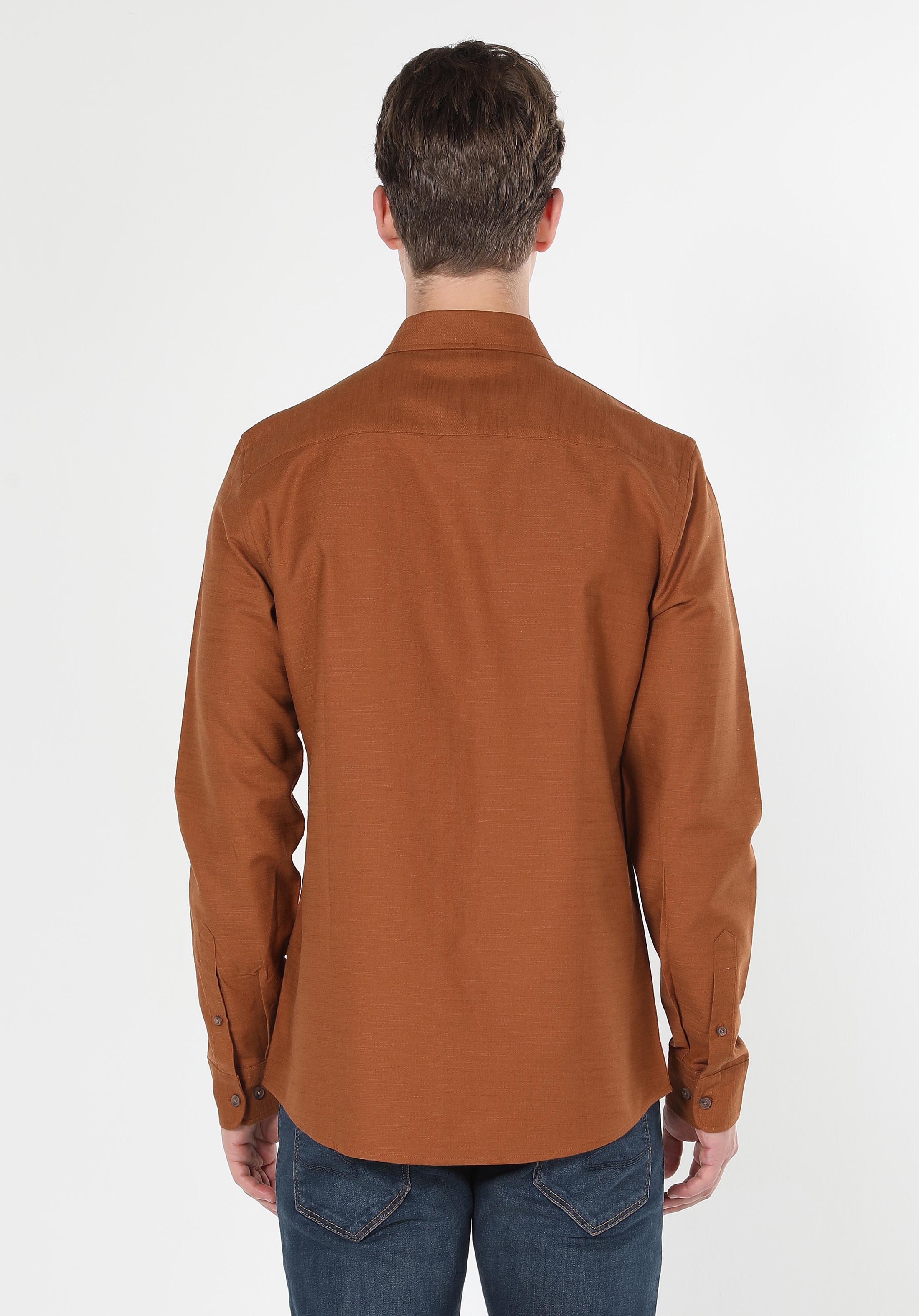 Slim Fit Shirt Neck Düz Erkek Kahverengi Uzun Kol Gömlek Cl1061110
