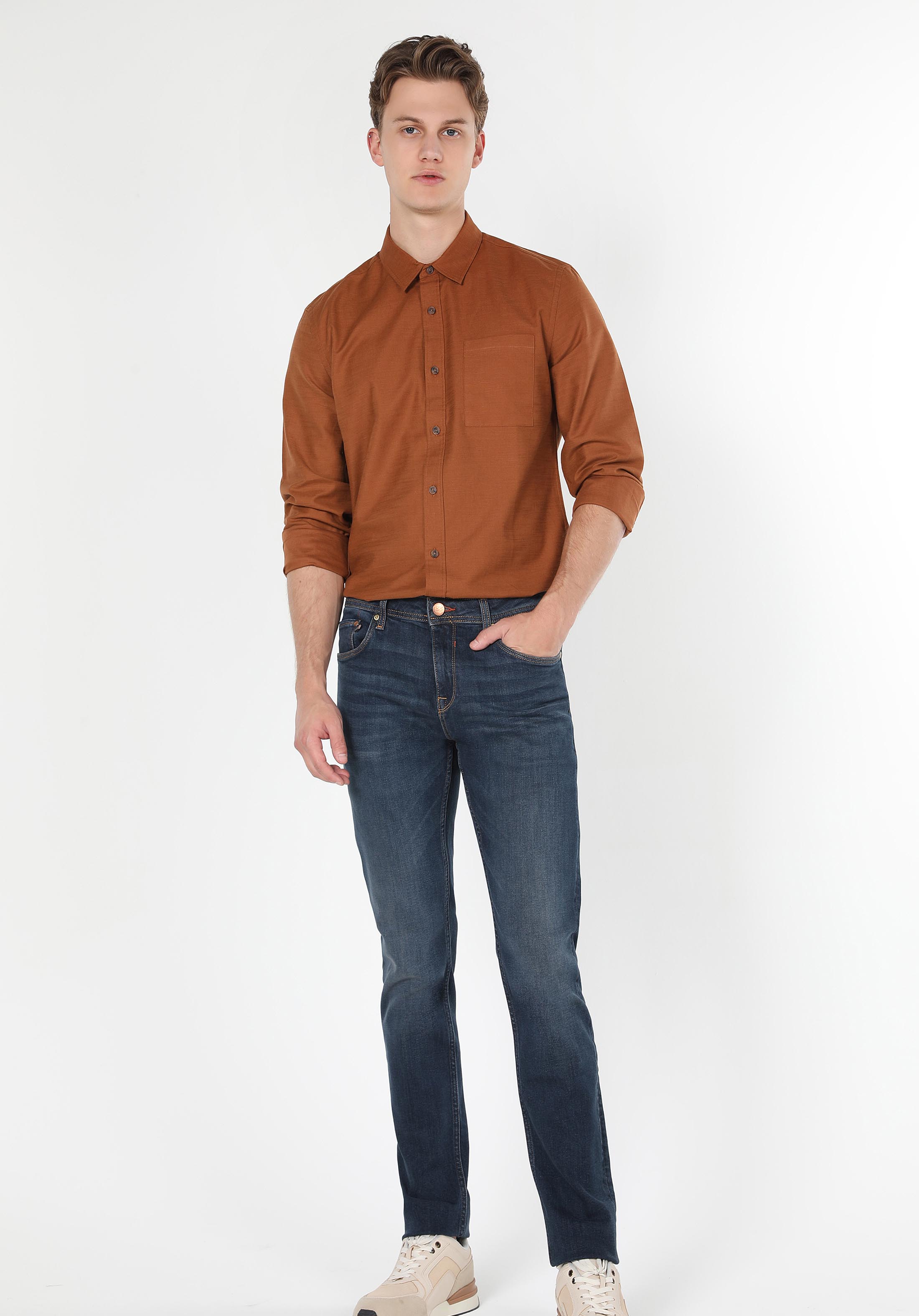 Slim Fit Shirt Neck Düz Erkek Kahverengi Uzun Kol Gömlek Cl1061110