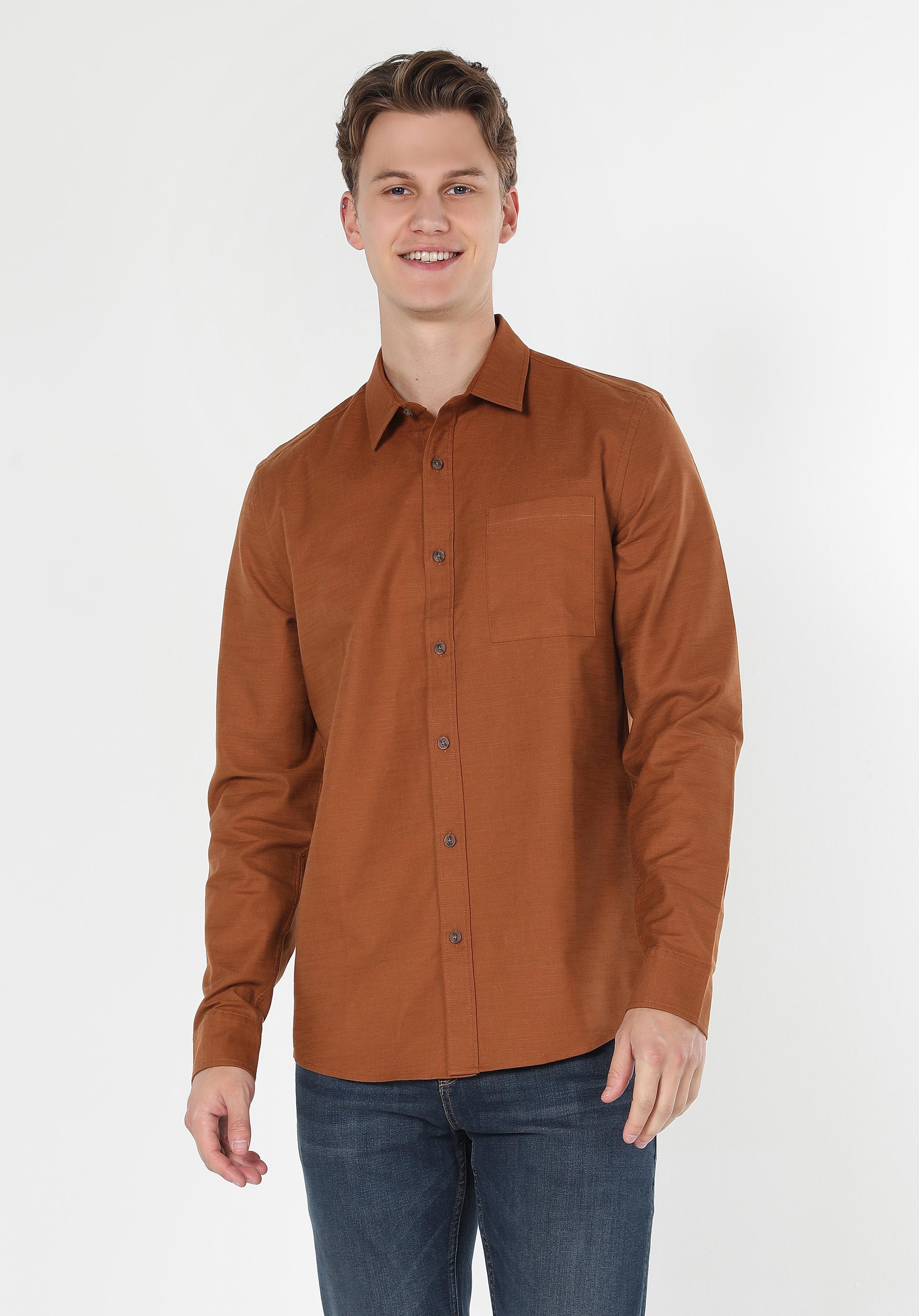 Slim Fit Shirt Neck Düz Erkek Kahverengi Uzun Kol Gömlek Cl1061110