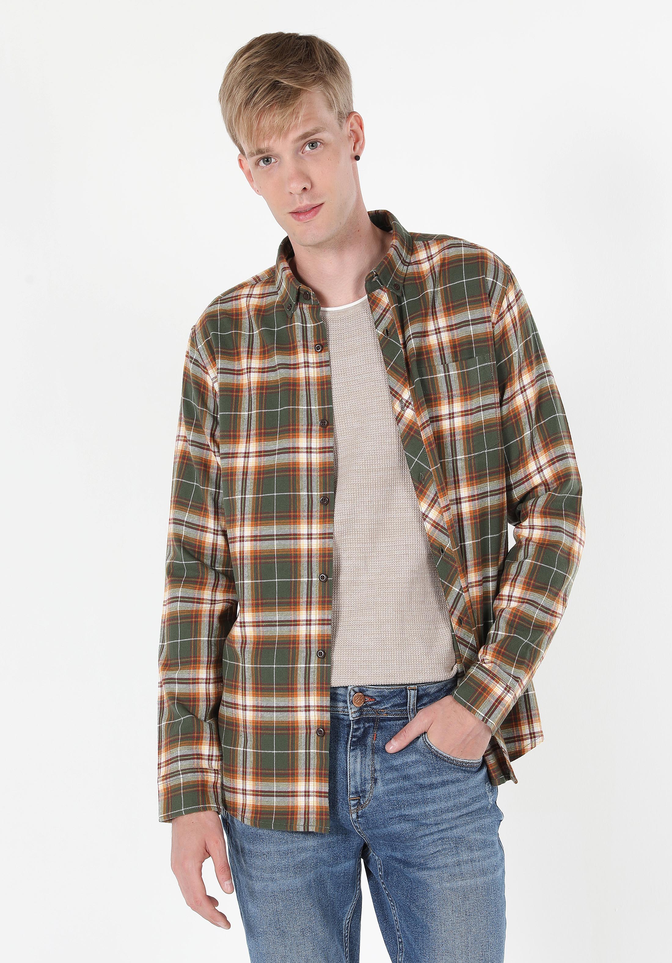 Regular Fit Shirt Neck Ekoseli Erkek Yeşil Uzun Kol Gömlek