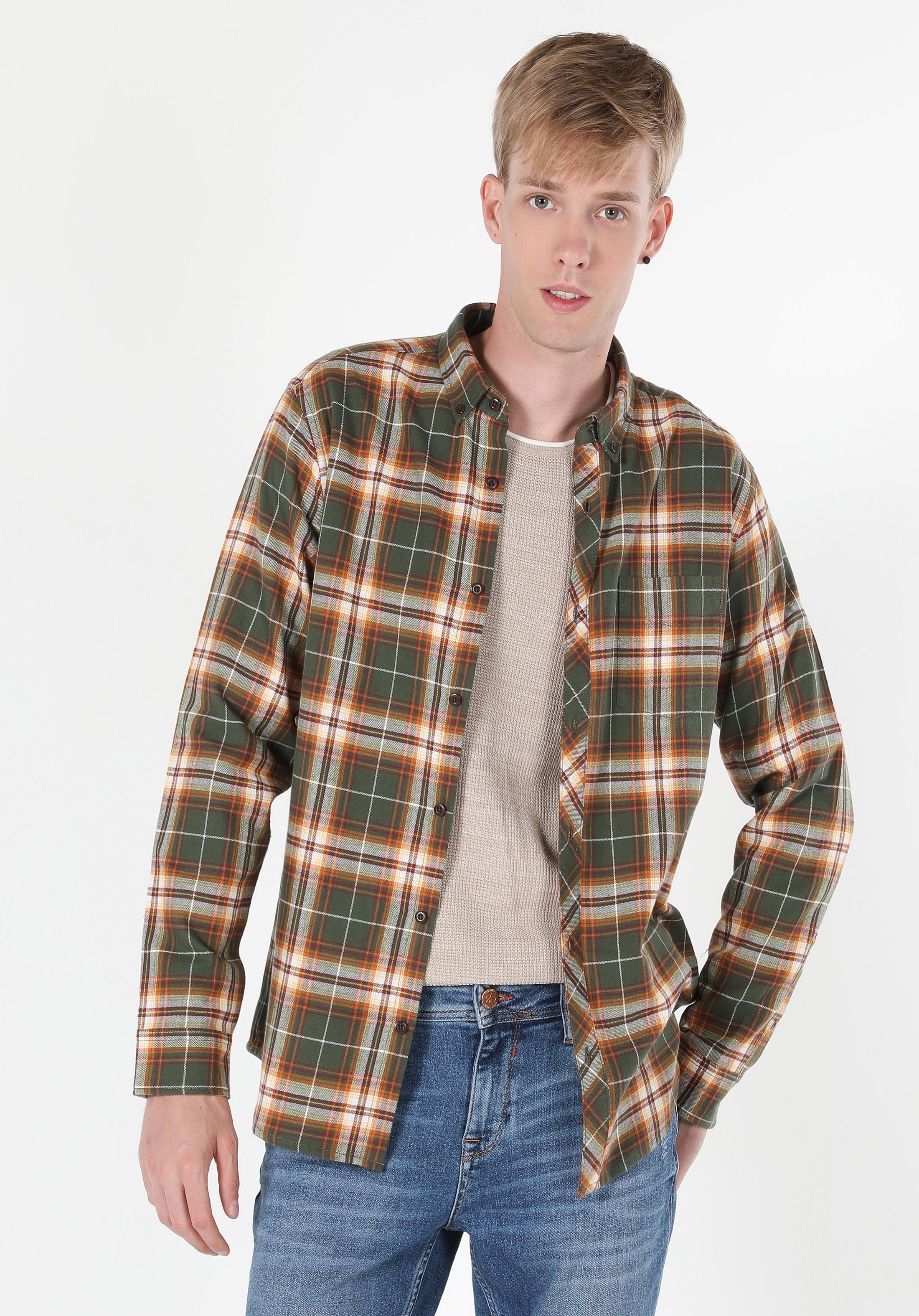 Regular Fit Shirt Neck Ekoseli Erkek Yeşil Uzun Kol Gömlek