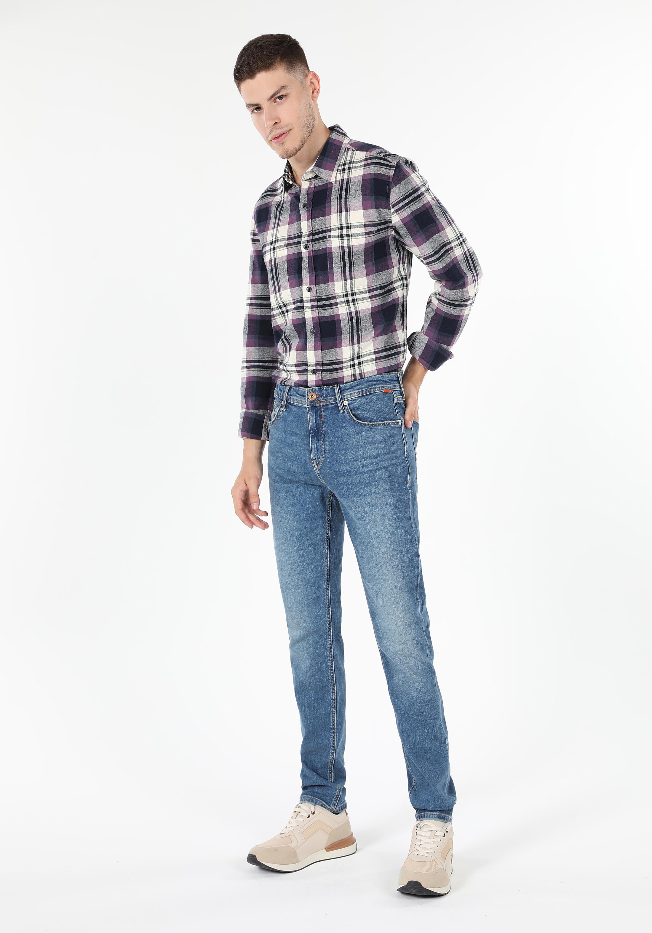 Slim Fit Shirt Neck Ekoseli Erkek Mor Uzun Kol Gömlek