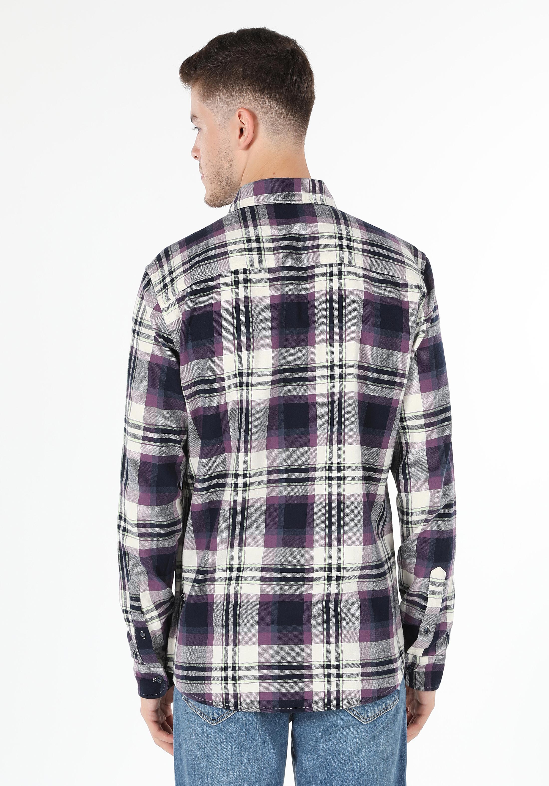 Slim Fit Shirt Neck Ekoseli Erkek Mor Uzun Kol Gömlek