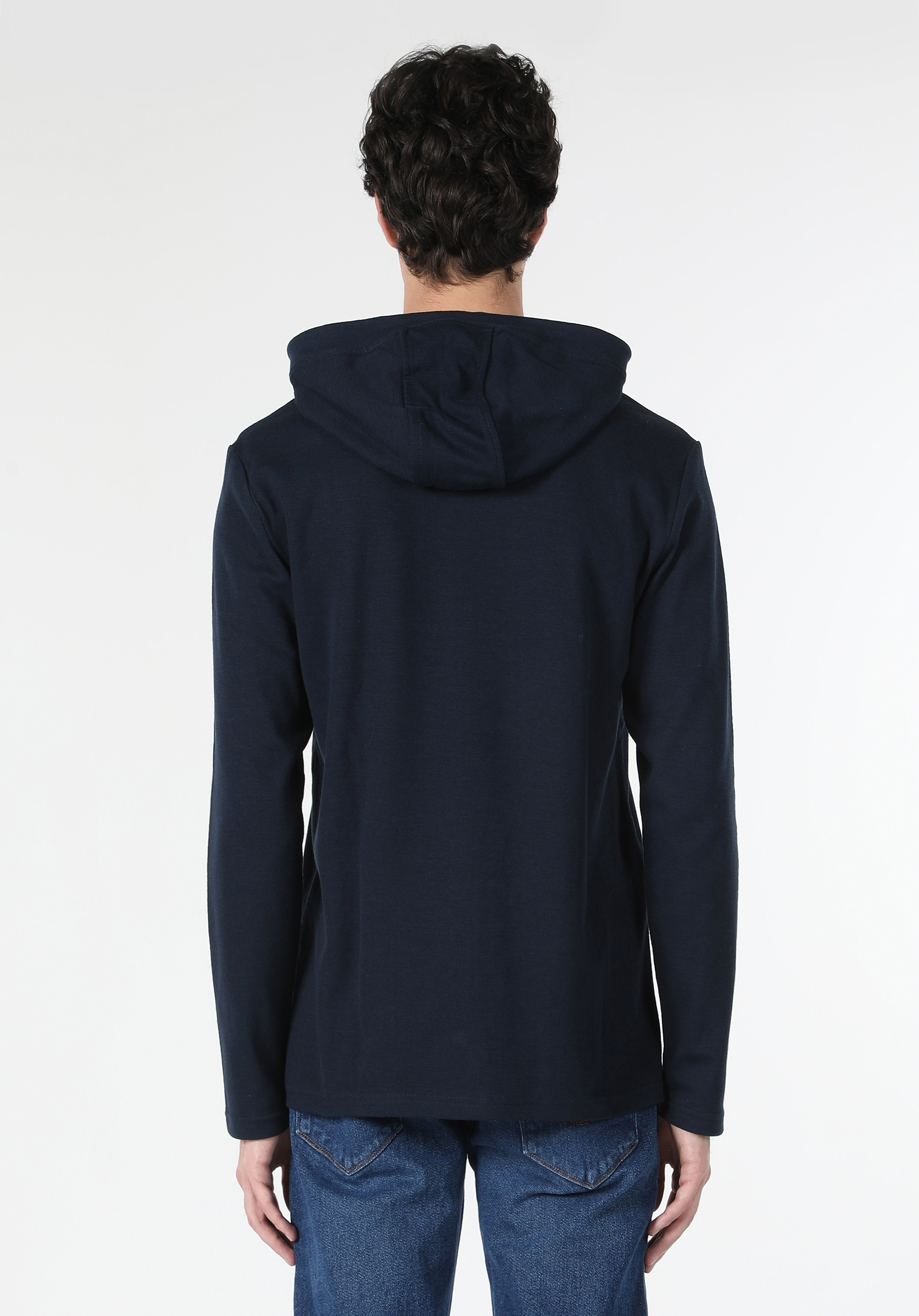 Regular Fit Kapüşonlu Düz Erkek Lacivert Uzun Kol Tişört