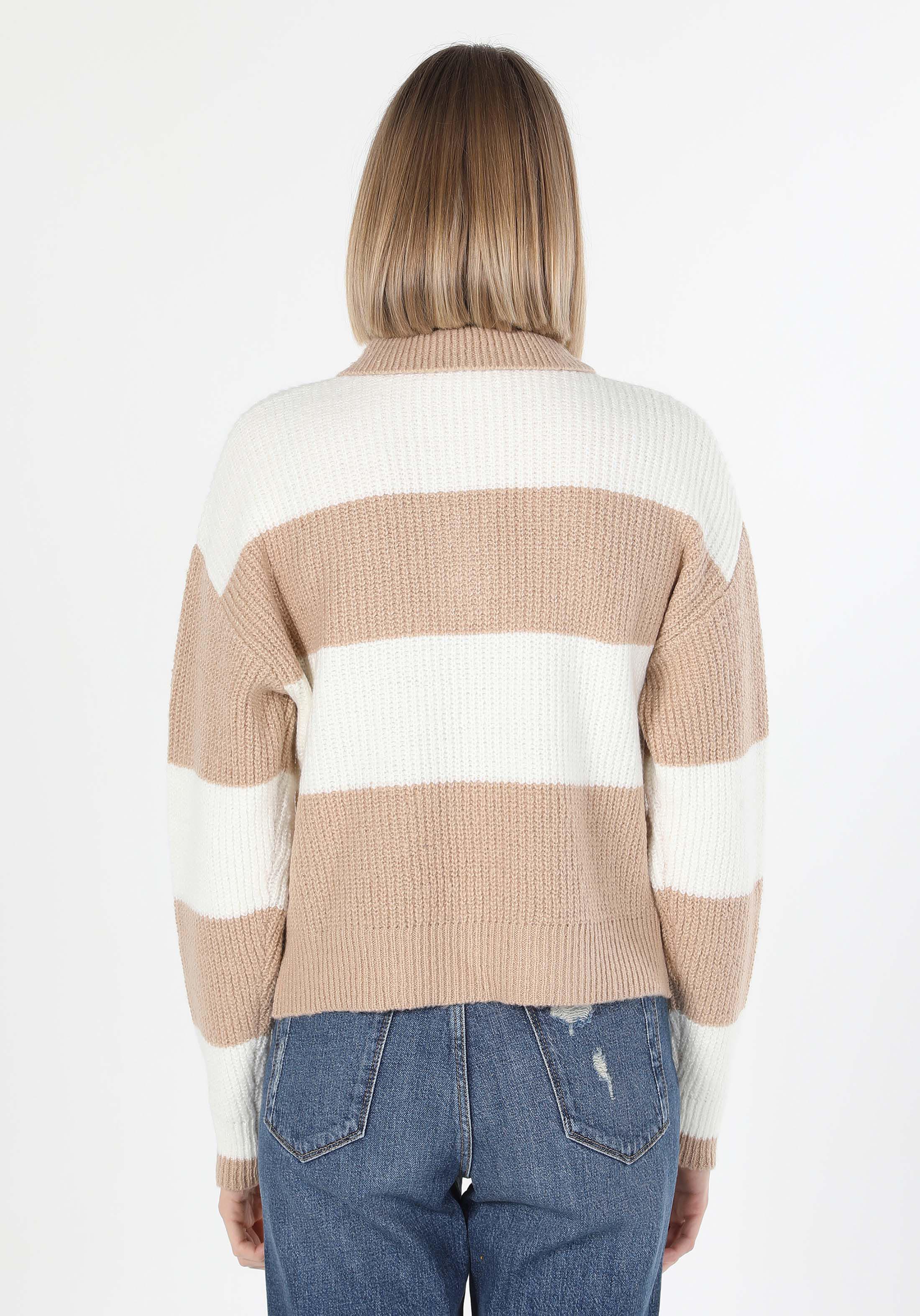 Regular Fit Polo Yaka Çizgili Kadın Ekru Kazak