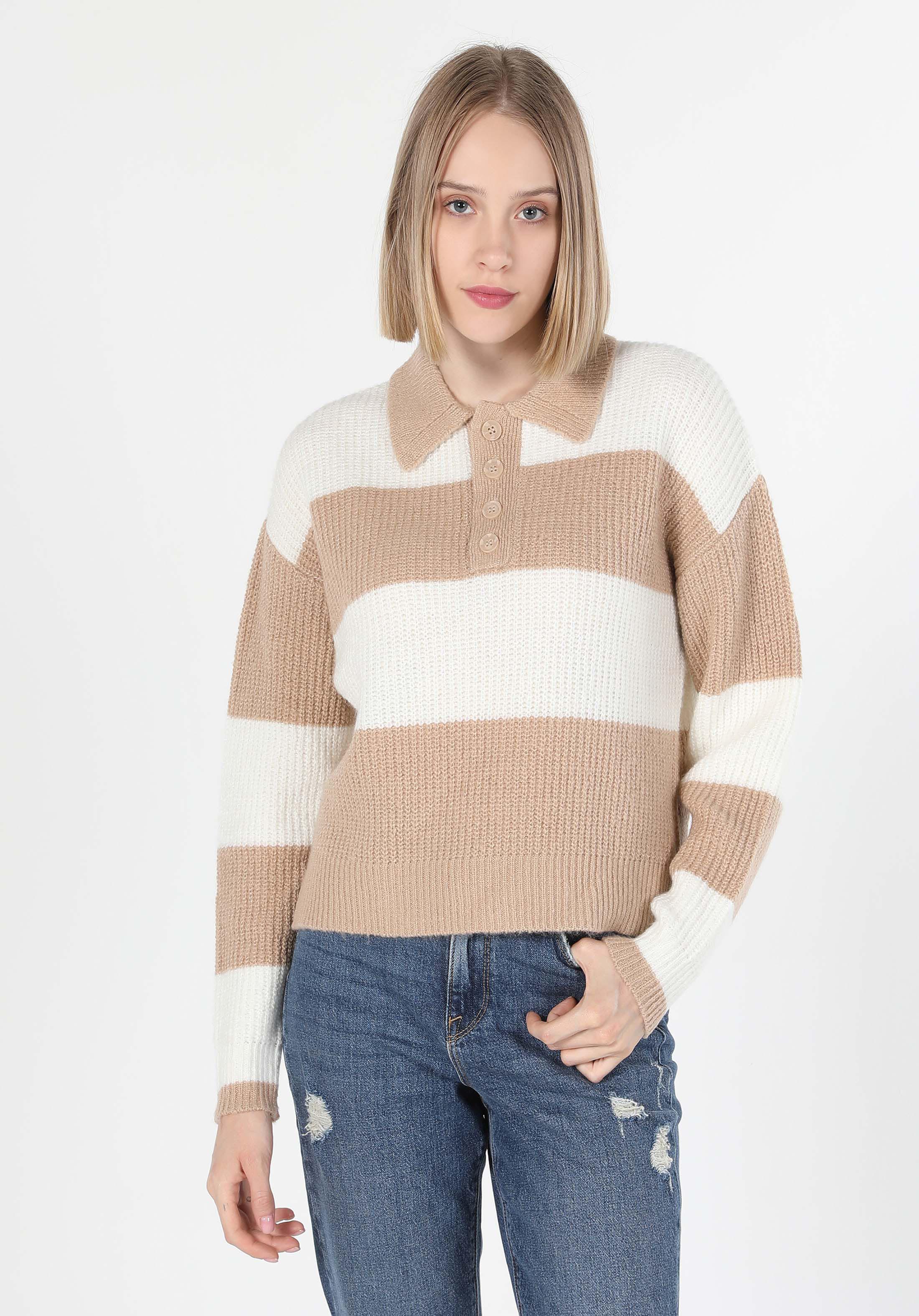 Regular Fit Polo Yaka Çizgili Kadın Ekru Kazak