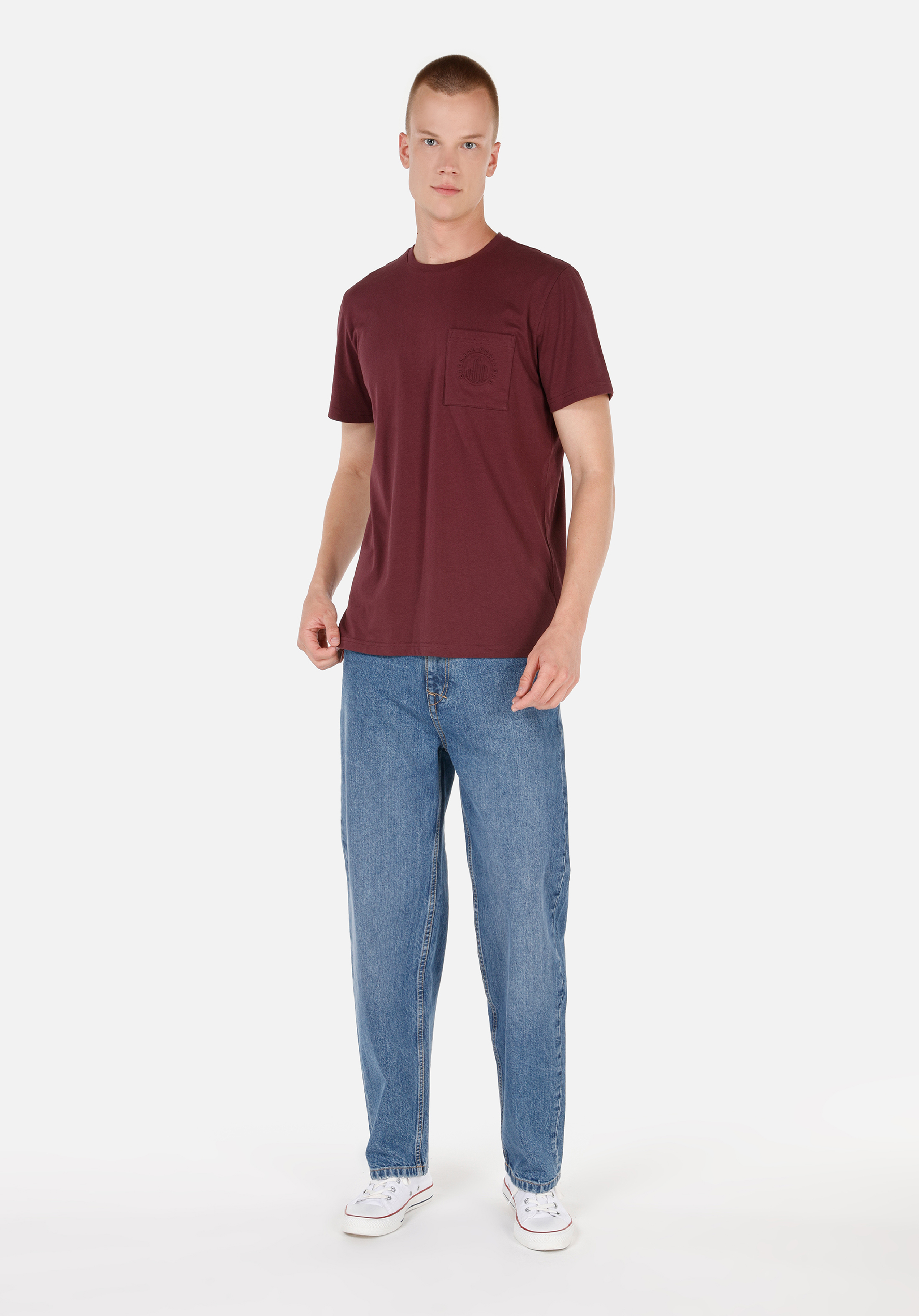 Regular Fit Yuvarlak Yaka Düz Erkek Bordo Kısa Kol Tişört