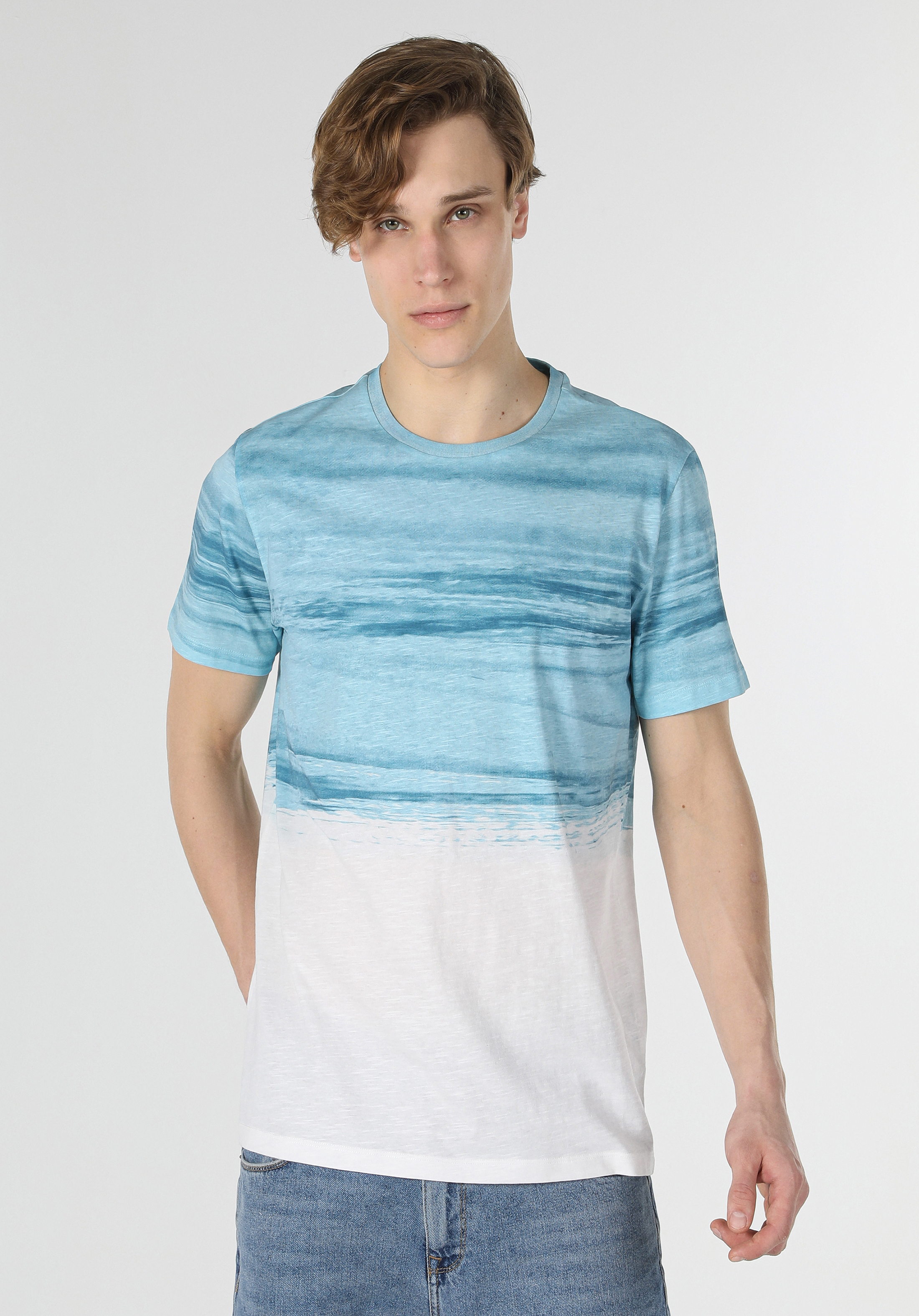 Regular Fit Yuvarlak Yaka Baskılı Erkek Mavi Kısa Kol Tişört Cl1058707