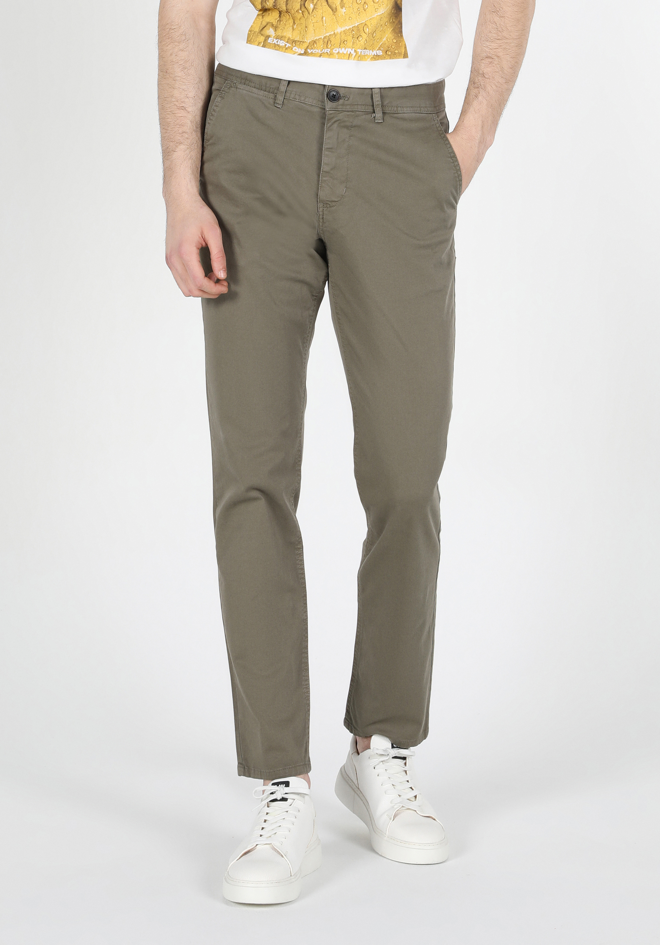 Regular Fit Orta Bel Düz Paça Erkek Yeşil  Pantolon