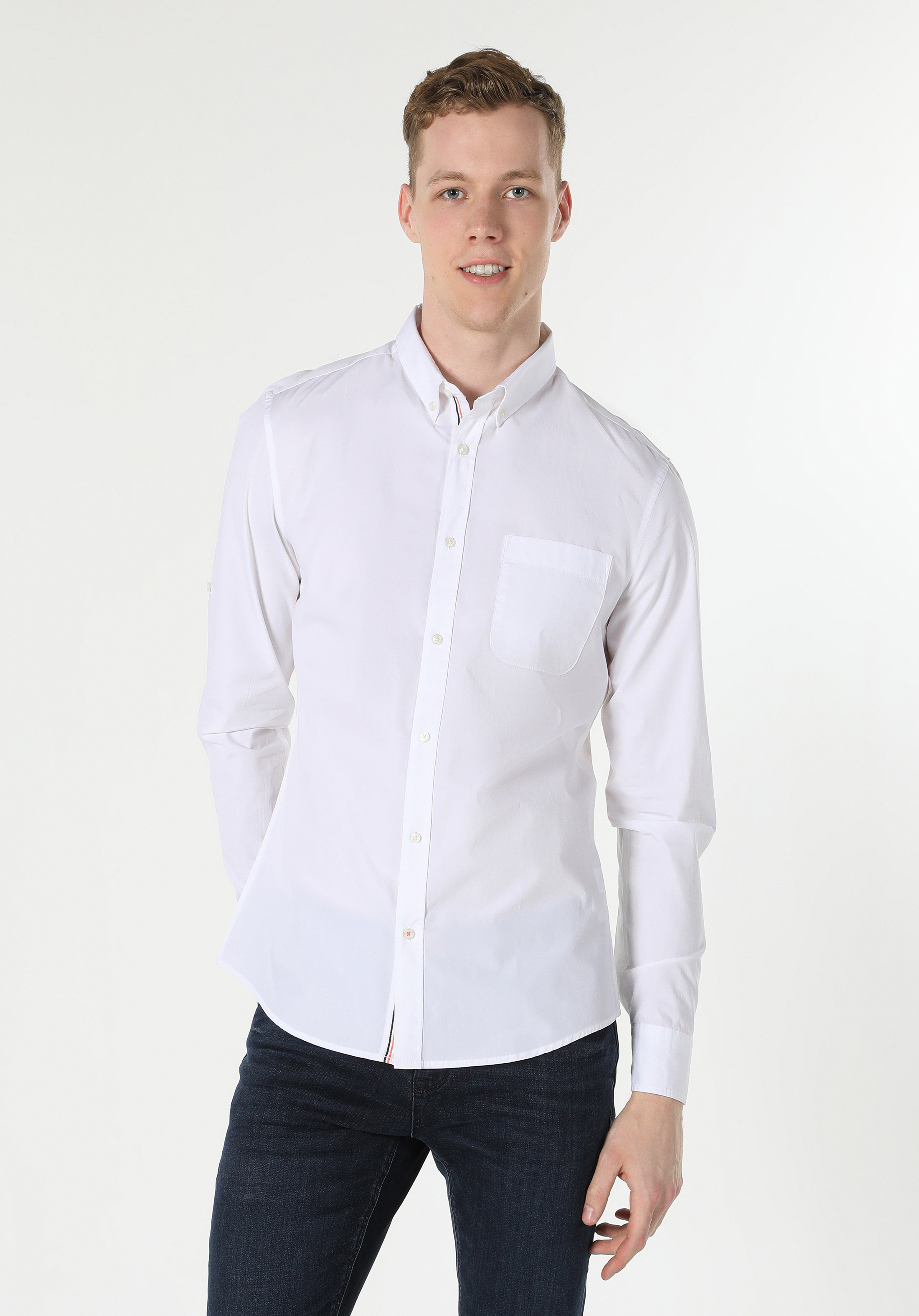 Slim Fit Shirt Neck  Erkek Beyaz Roll-up Gömlek Cl1053799