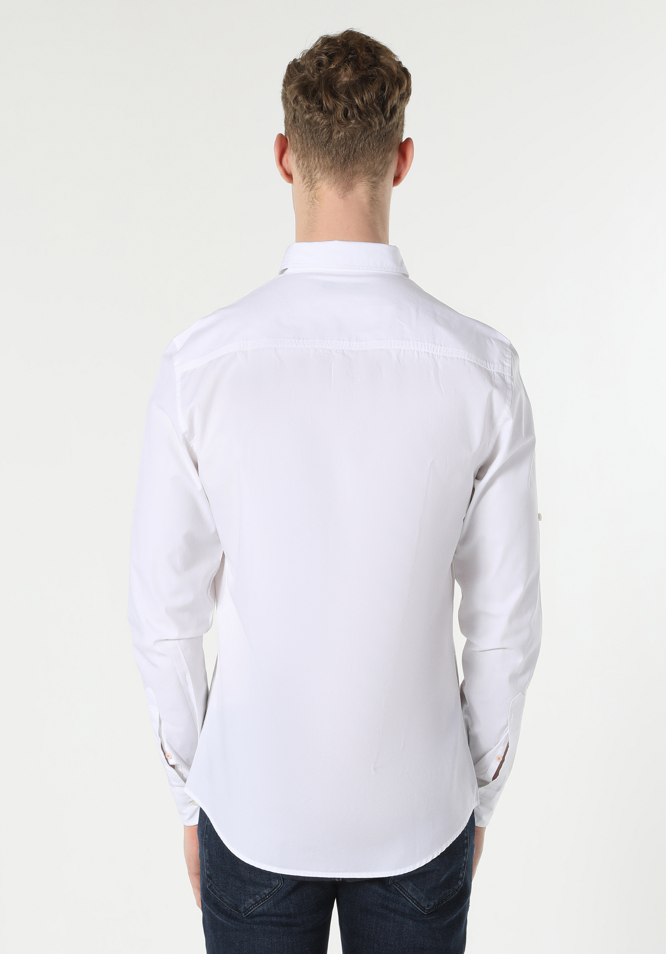 Slim Fit Shirt Neck  Erkek Beyaz Roll-up Gömlek Cl1053799