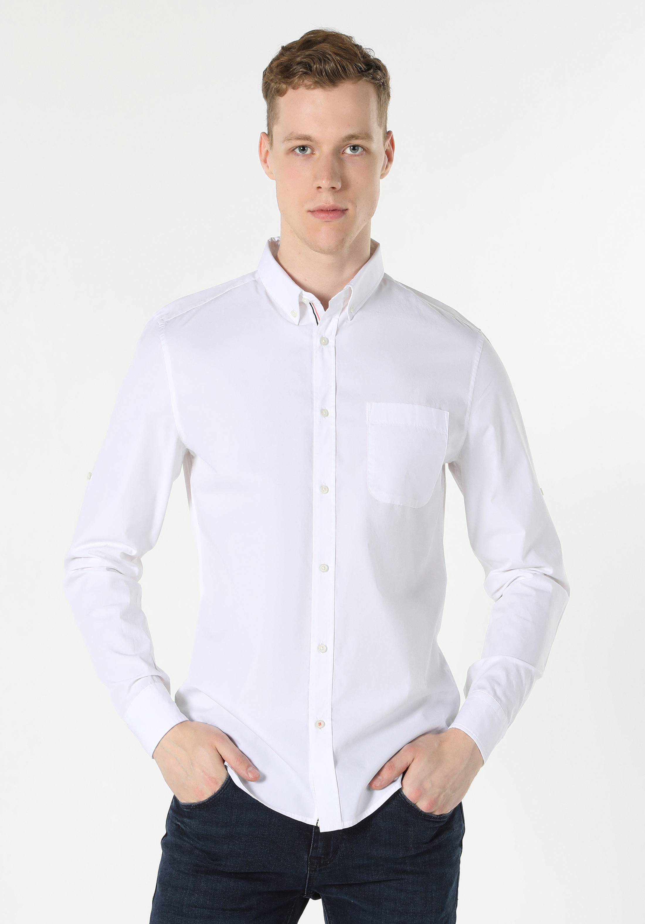 Slim Fit Shirt Neck  Erkek Beyaz Roll-up Gömlek Cl1053799