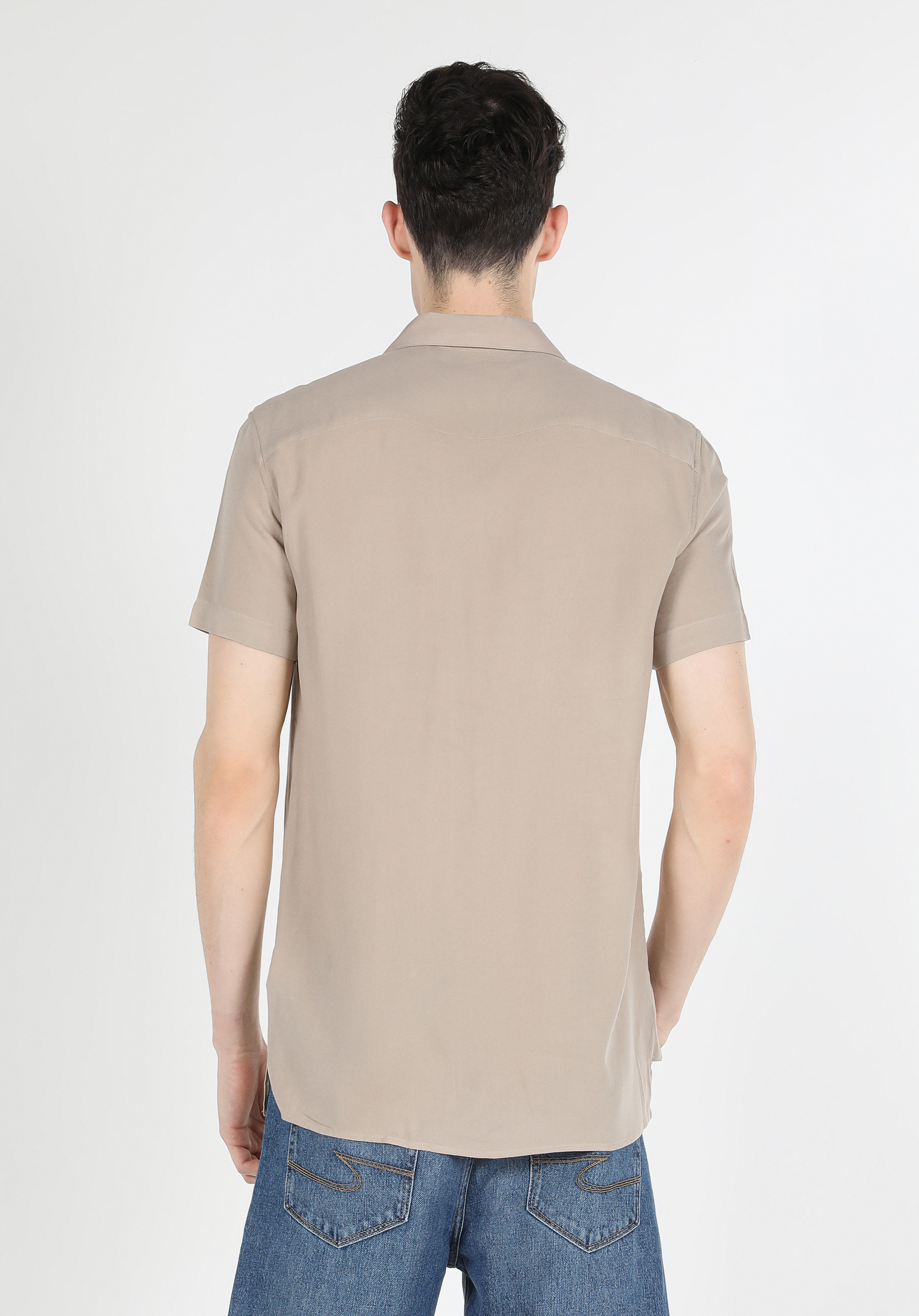 Regular Fit Basic Bej Erkek Kısa Kol Gömlek