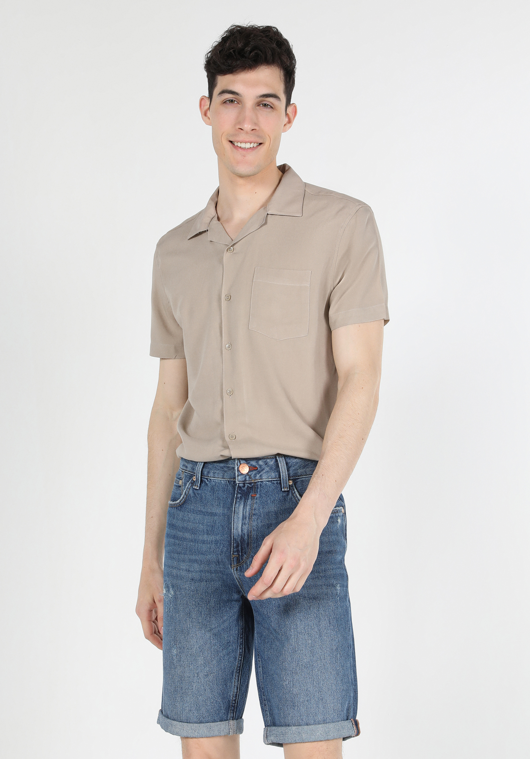 Regular Fit Basic Bej Erkek Kısa Kol Gömlek