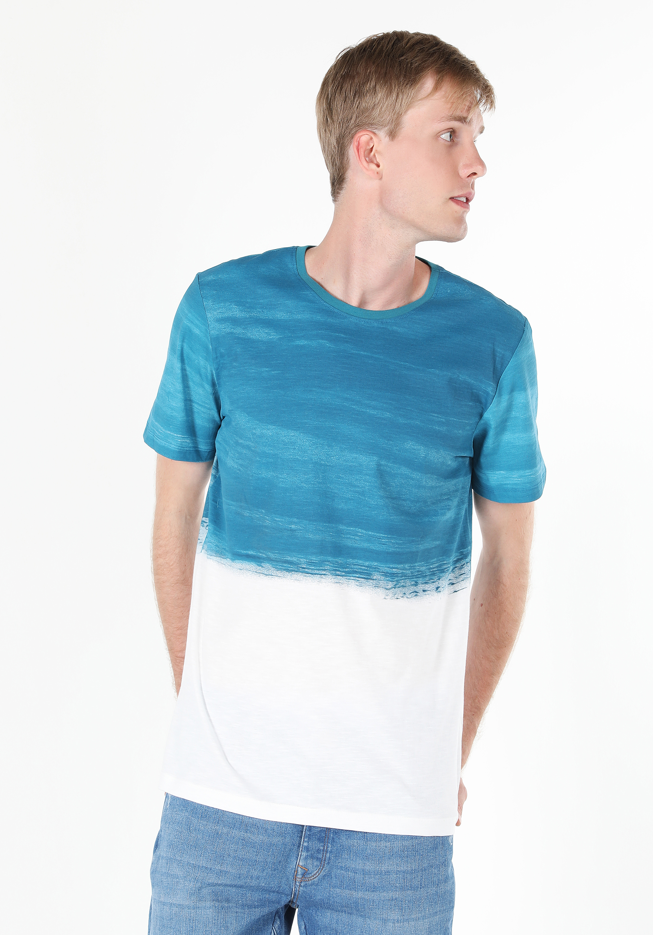 Regular Fit Yuvarlak Yaka Baskılı Erkek Mavi Kısa Kol Tişört Cl1058707