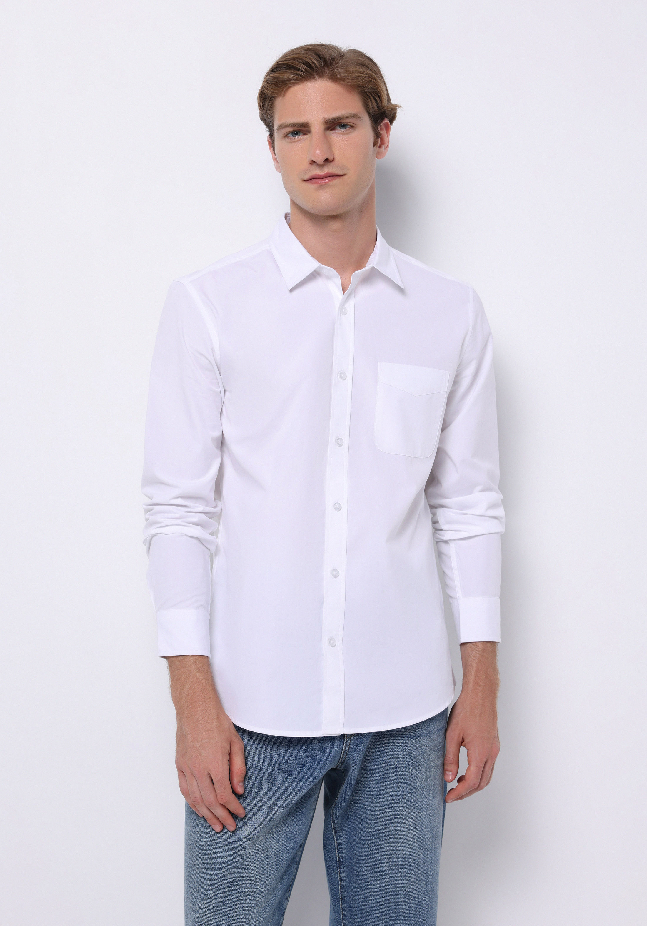 Slim Fit Shirt Neck Düz Erkek Beyaz Uzun Kol Gömlek