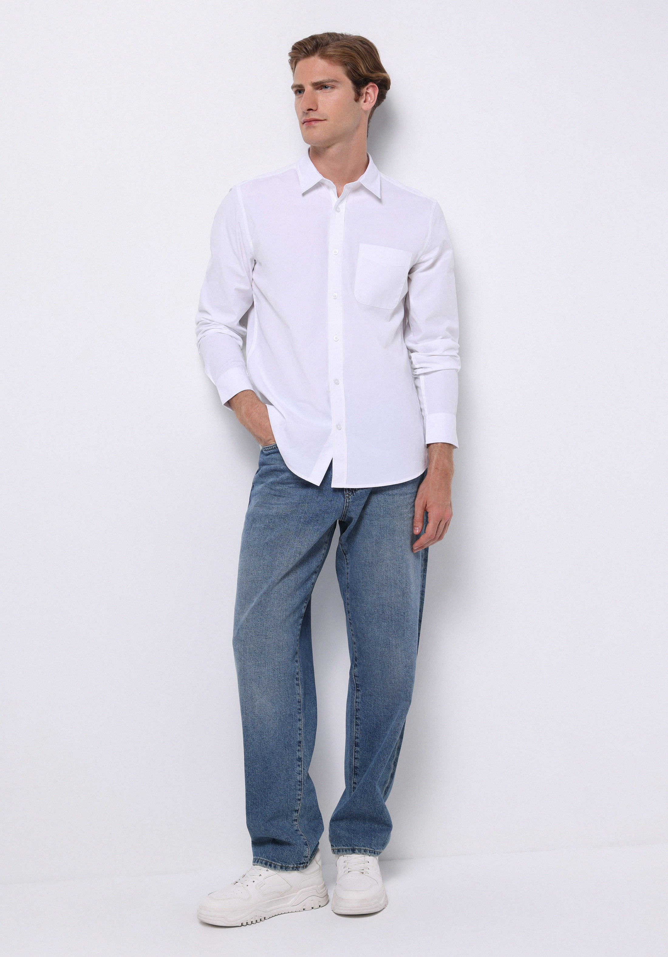 Slim Fit Shirt Neck Düz Erkek Beyaz Uzun Kol Gömlek