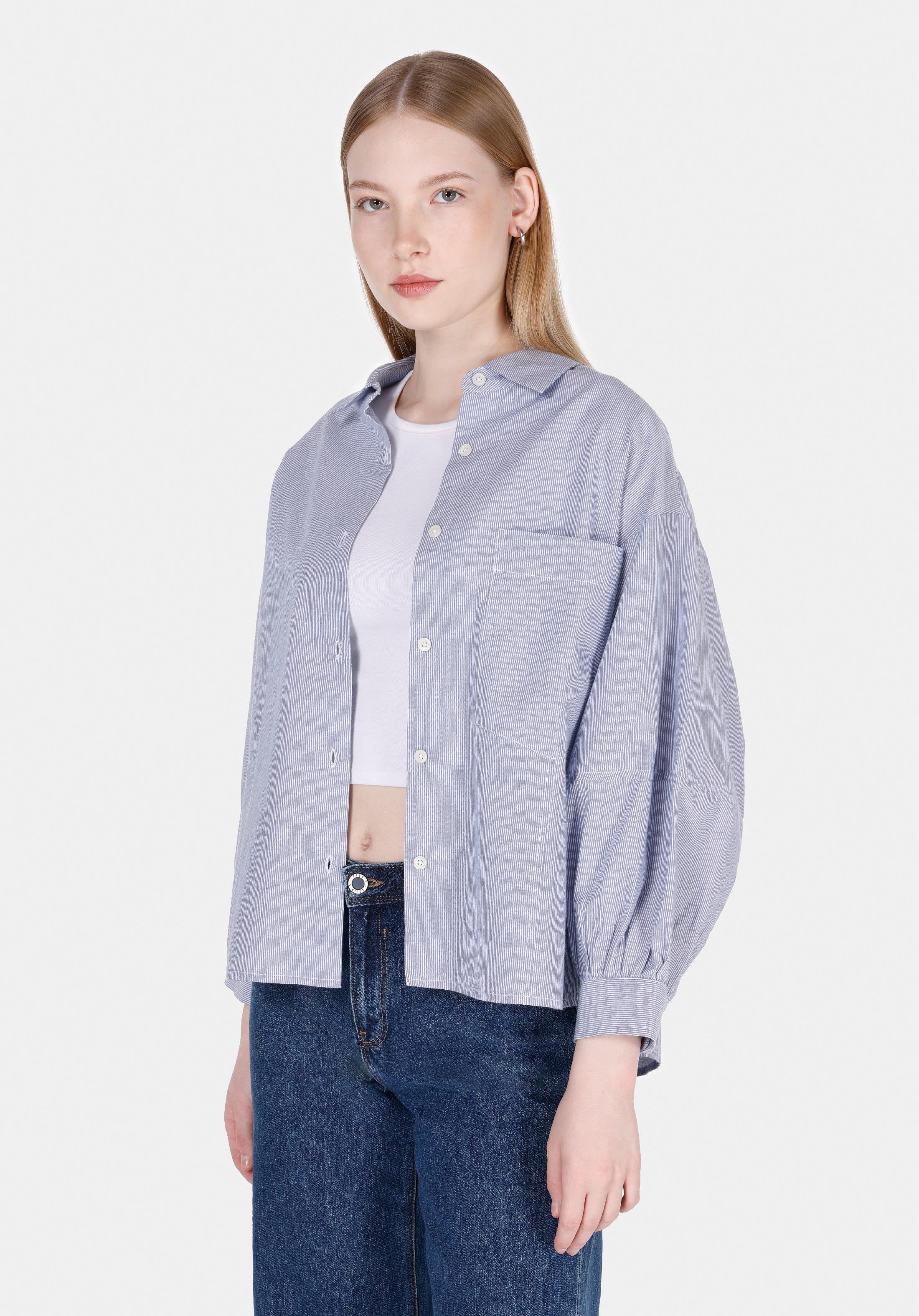 Relaxed Fit Shirt Neck Çizgili Kadın Mavi ¾ Kol Gömlek