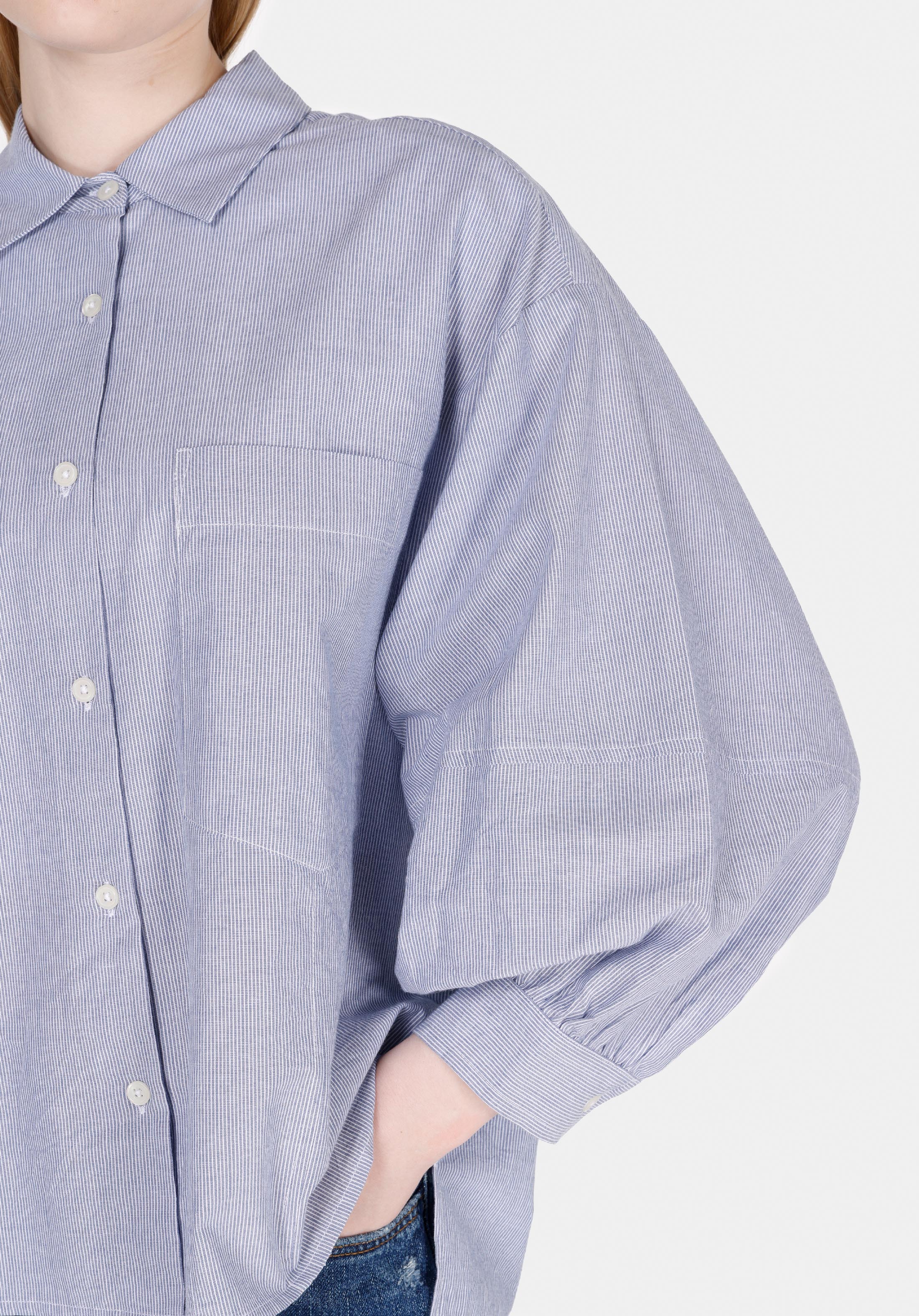 Relaxed Fit Shirt Neck Çizgili Kadın Mavi ¾ Kol Gömlek