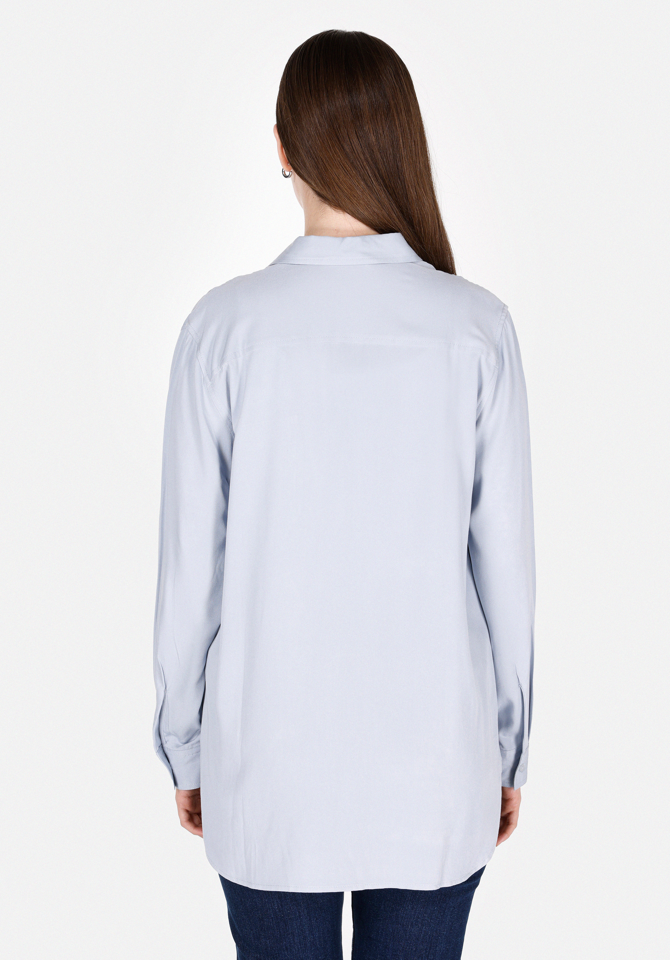 Regular Fit Shirt Neck Düz Kadın Mavi Roll-up Gömlek