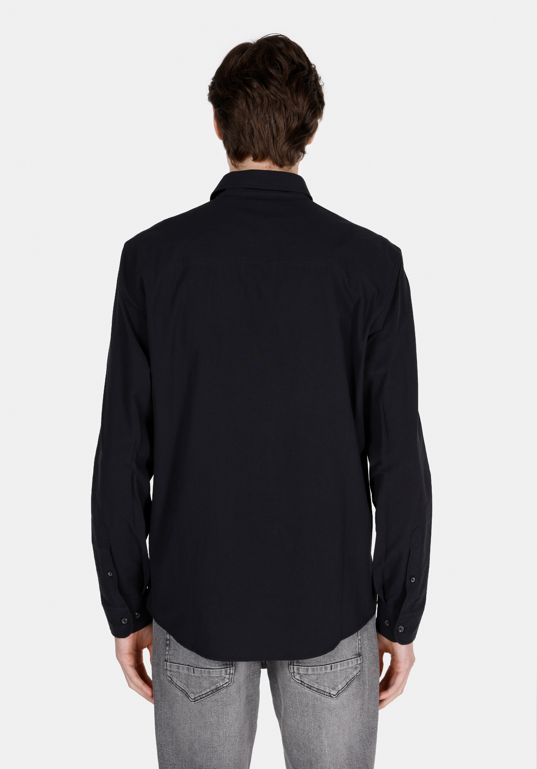 Regular Fit Shirt Neck Düz Erkek Siyah Uzun Kol Gömlek
