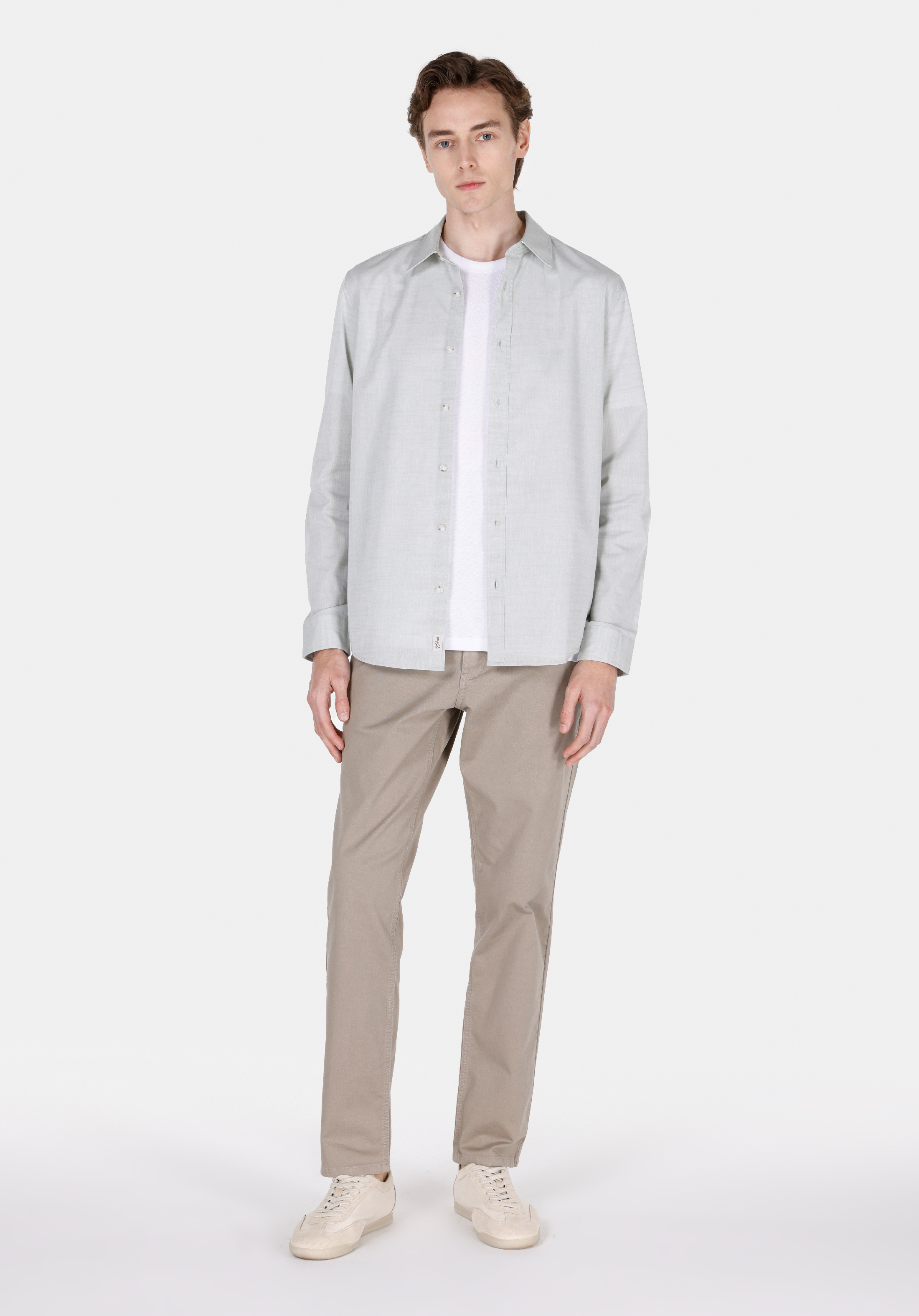 Regular Fit Shirt Neck Düz Erkek Yeşil Uzun Kol Gömlek