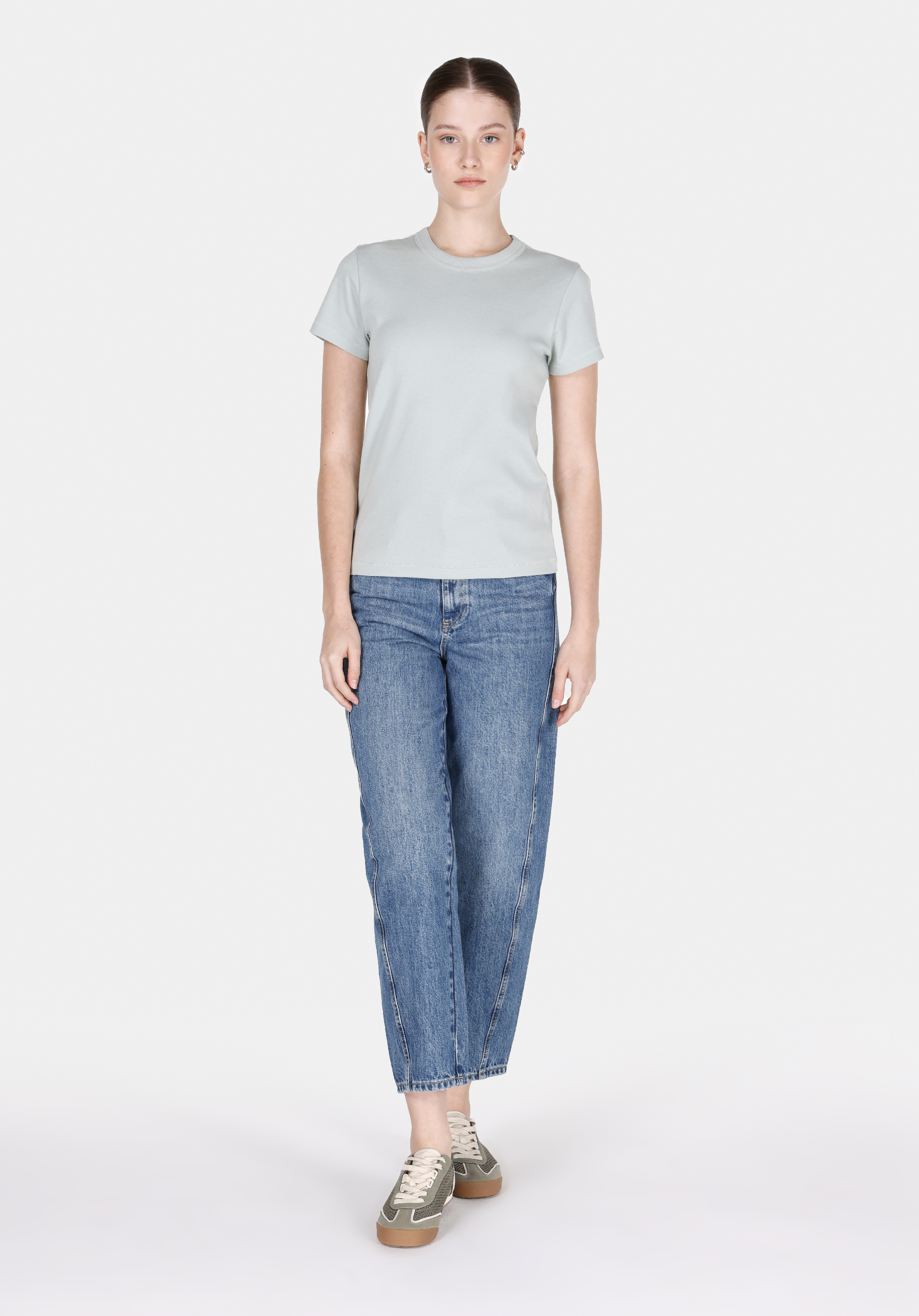Slim Fit Yuvarlak Yaka Düz Kadın Yeşil Kısa Kol Tişört