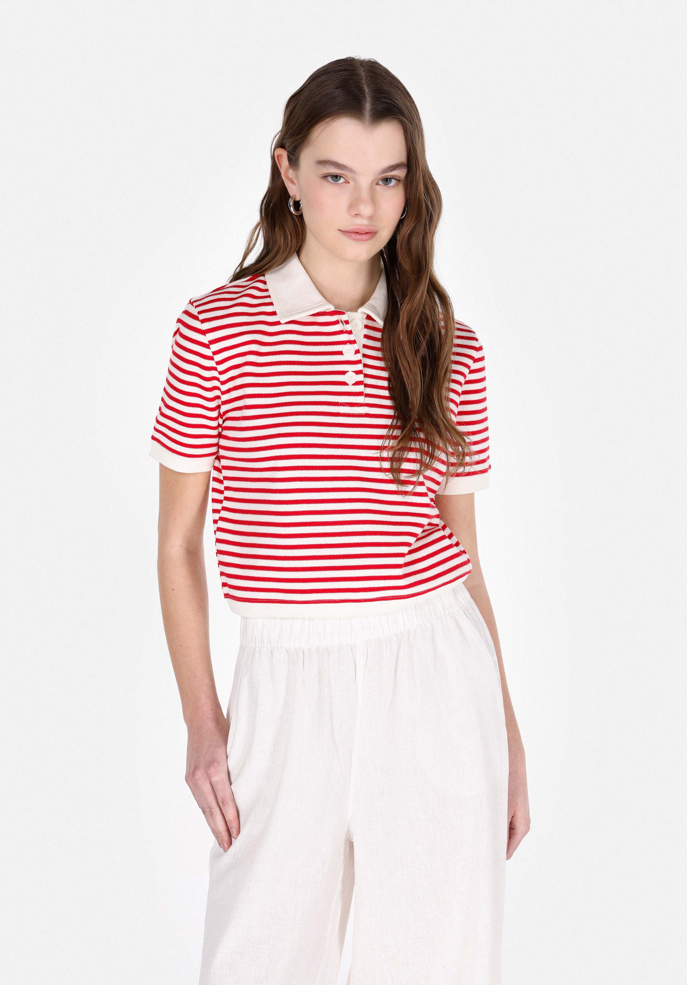 Regular Fit Polo Yaka Çizgili Kadın Kirmizi Kısa Kol Tişört