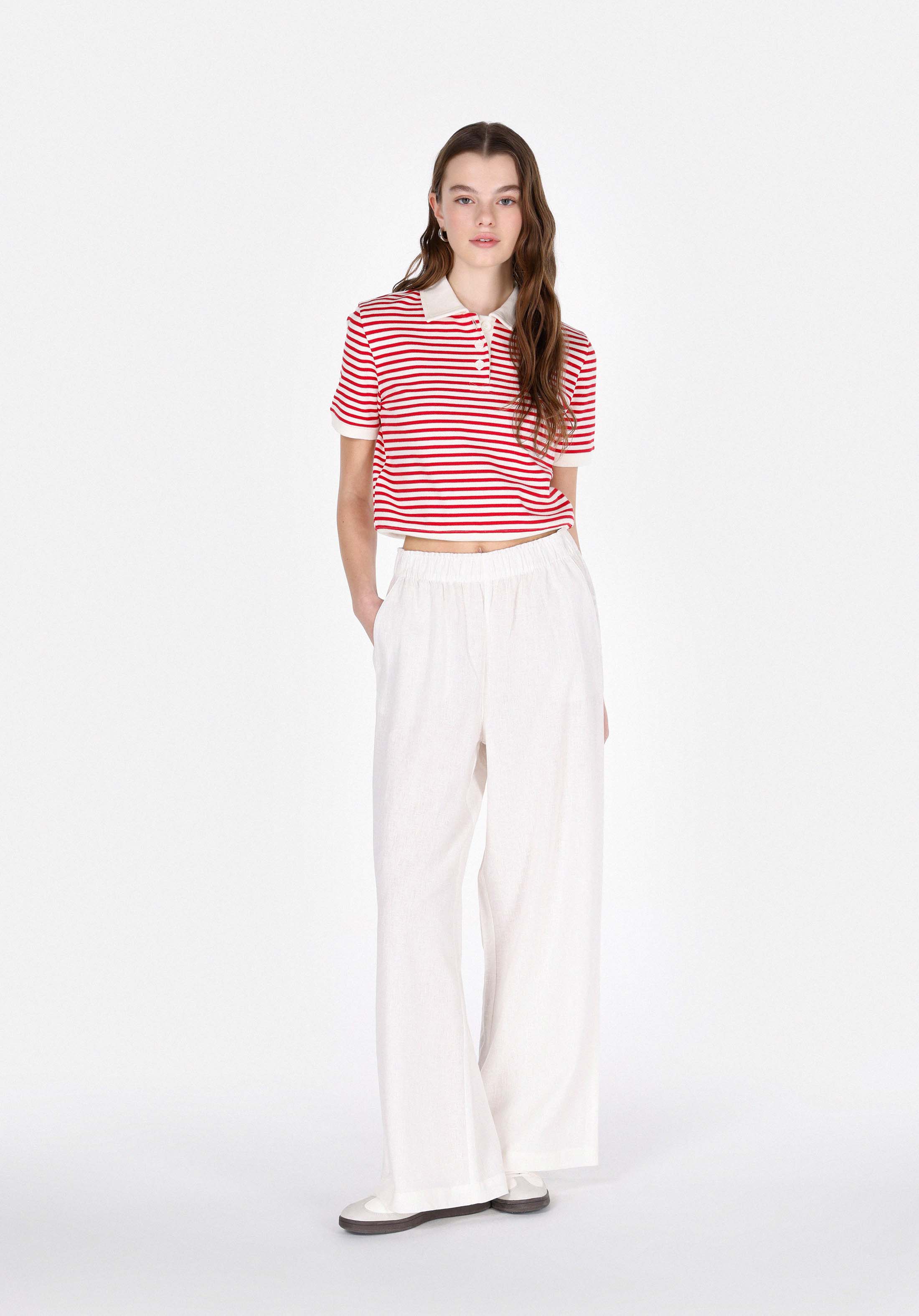 Regular Fit Polo Yaka Çizgili Kadın Kirmizi Kısa Kol Tişört