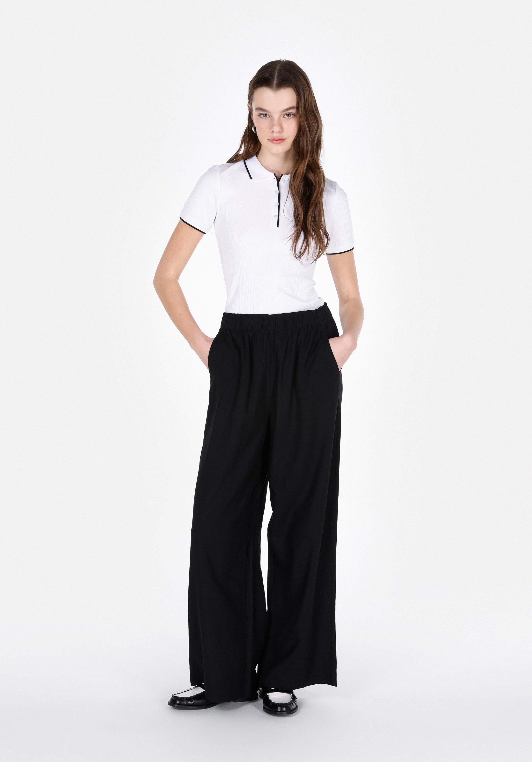 Regular Fit Yüksel Bel Geniş Paça Kadın Siyah  Pantolon