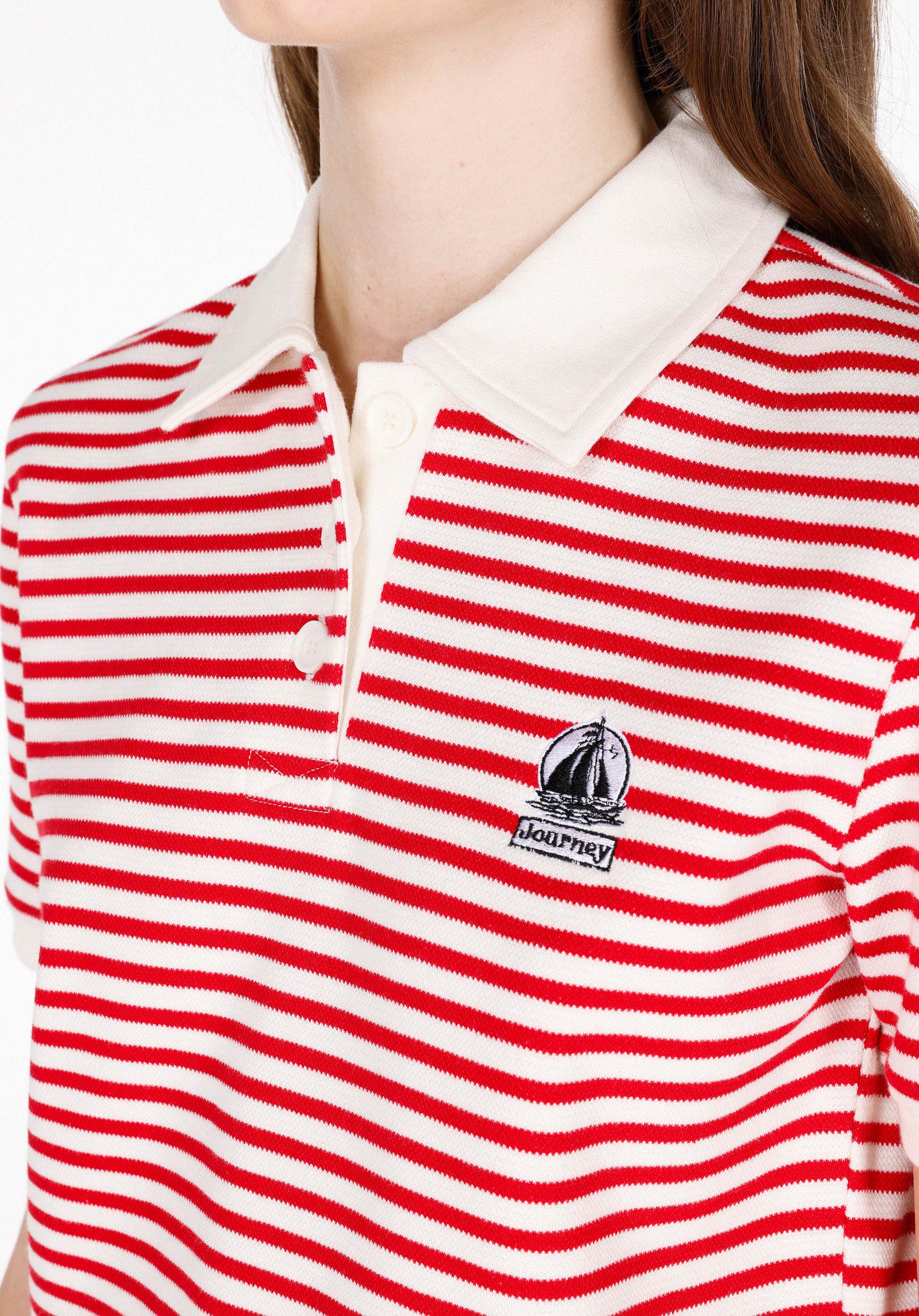 Regular Fit Polo Yaka Çizgili Kadın Kirmizi Kısa Kol Tişört