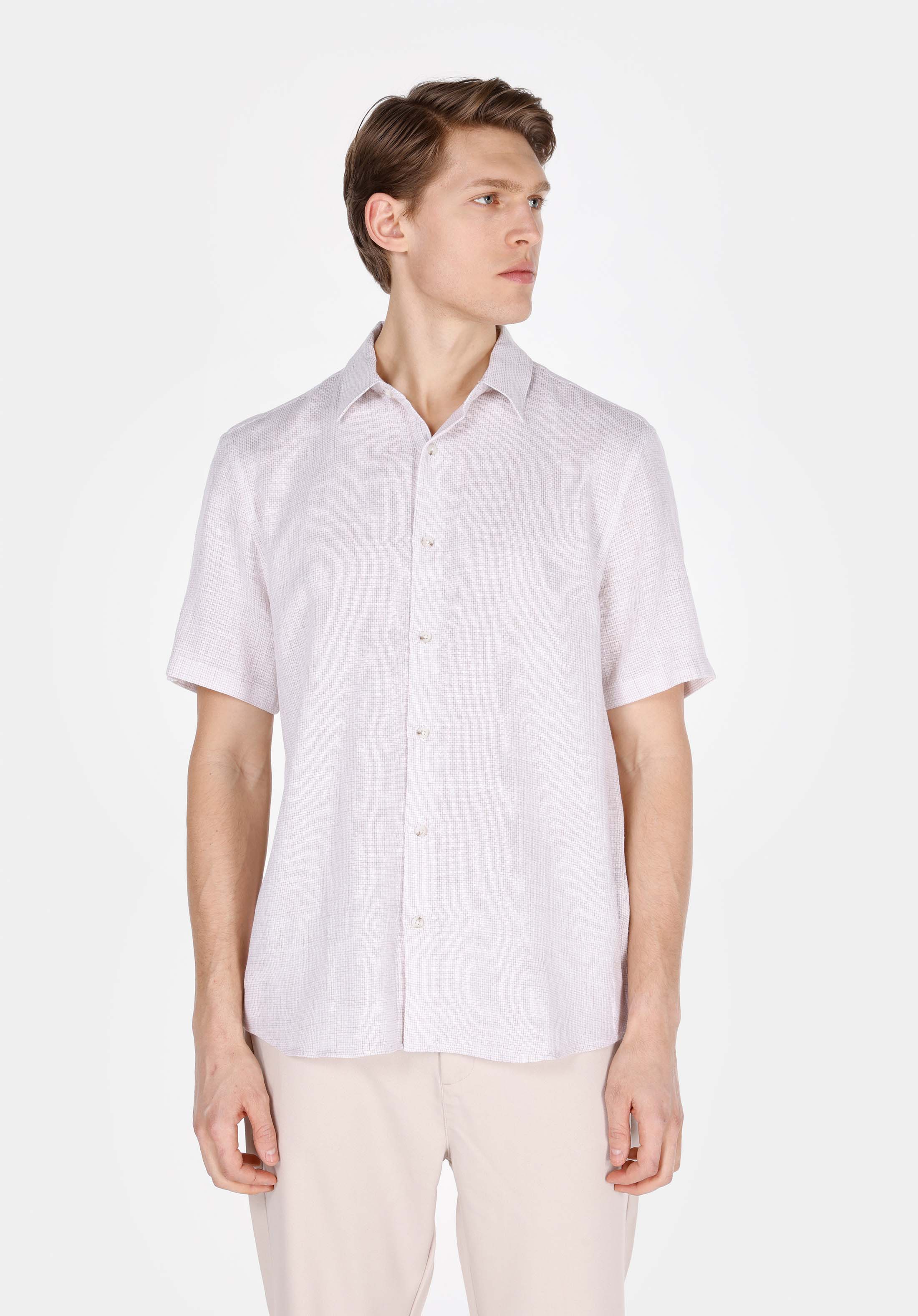 Regular Fit Shirt Neck Düz Erkek Bej Uzun Kol Gömlek