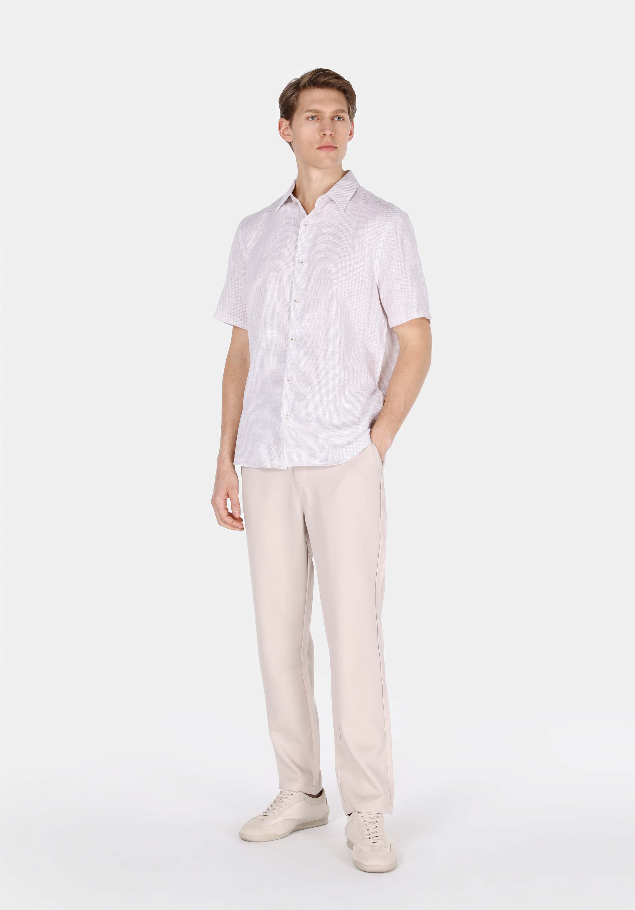 Regular Fit Shirt Neck Düz Erkek Bej Uzun Kol Gömlek